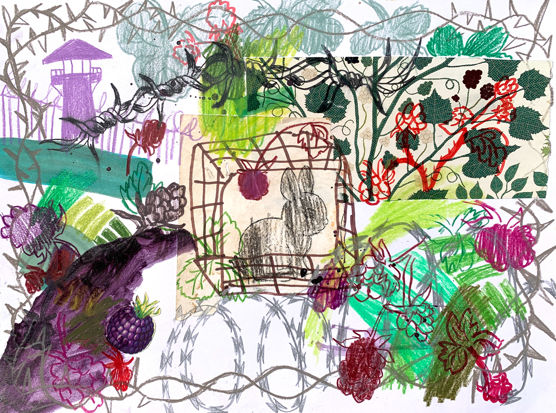 "Blackberry Lockdown" 8.5 in x 11 in, colored pencil, marker, crayon, watercolor and collage on paper, 2026