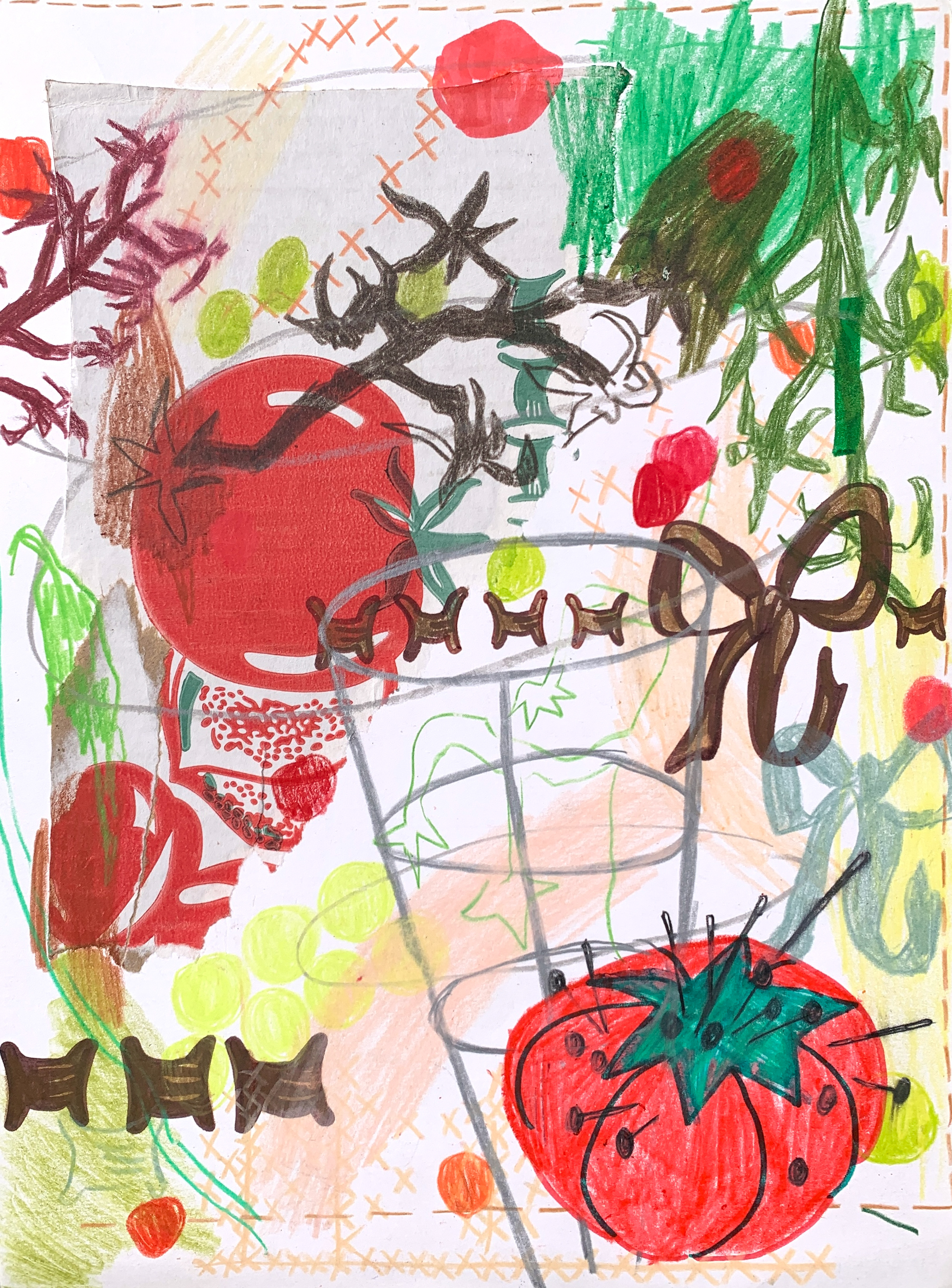 "Tomato, Tomáto" 8.5 in x 11 in, colored pencil, crayon, marker, graphite and collage on paper, 2026