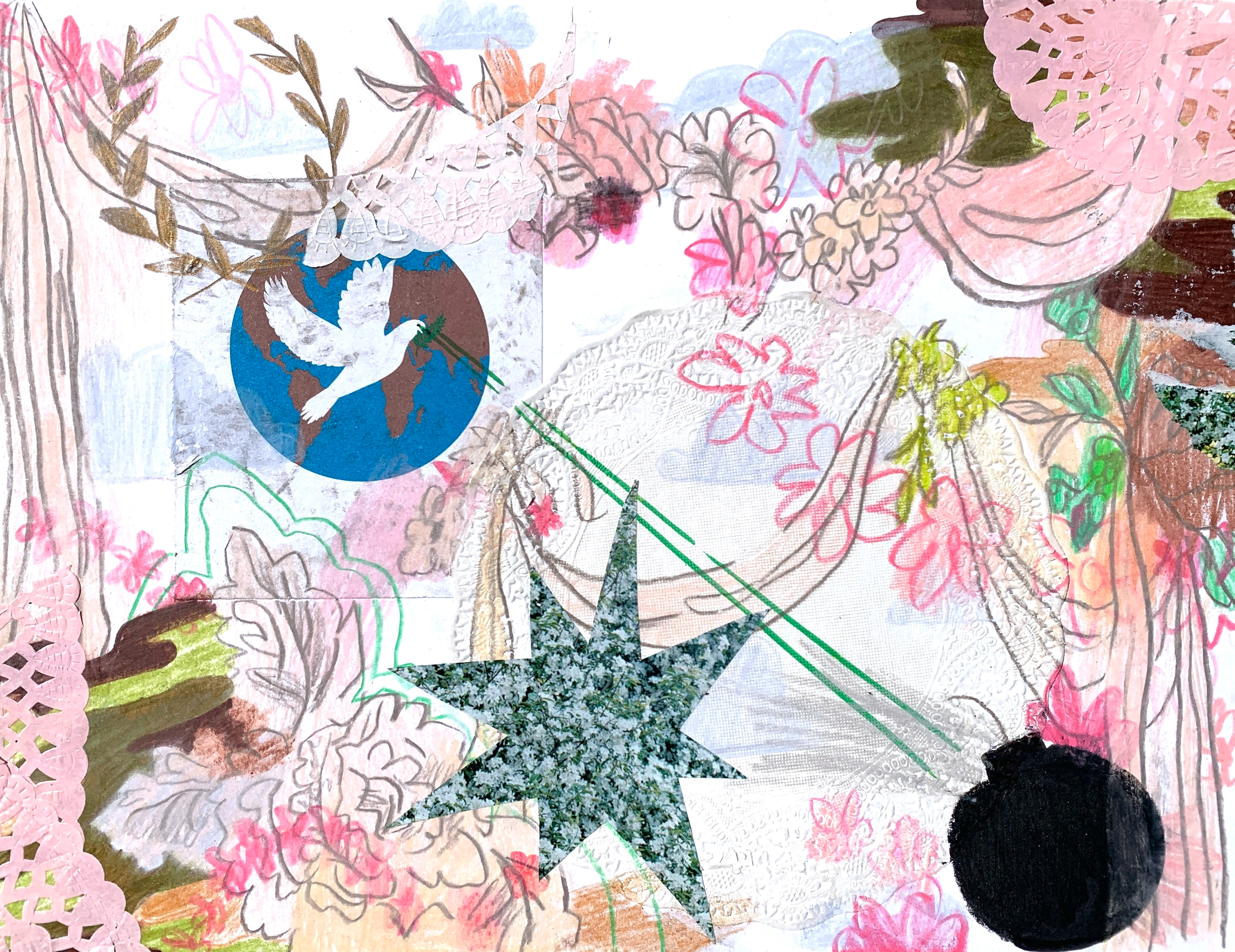 "Peace on Earth" 8.5 in x 11 in, colored pencil, crayon, marker, doilies and collage on paper,  2026