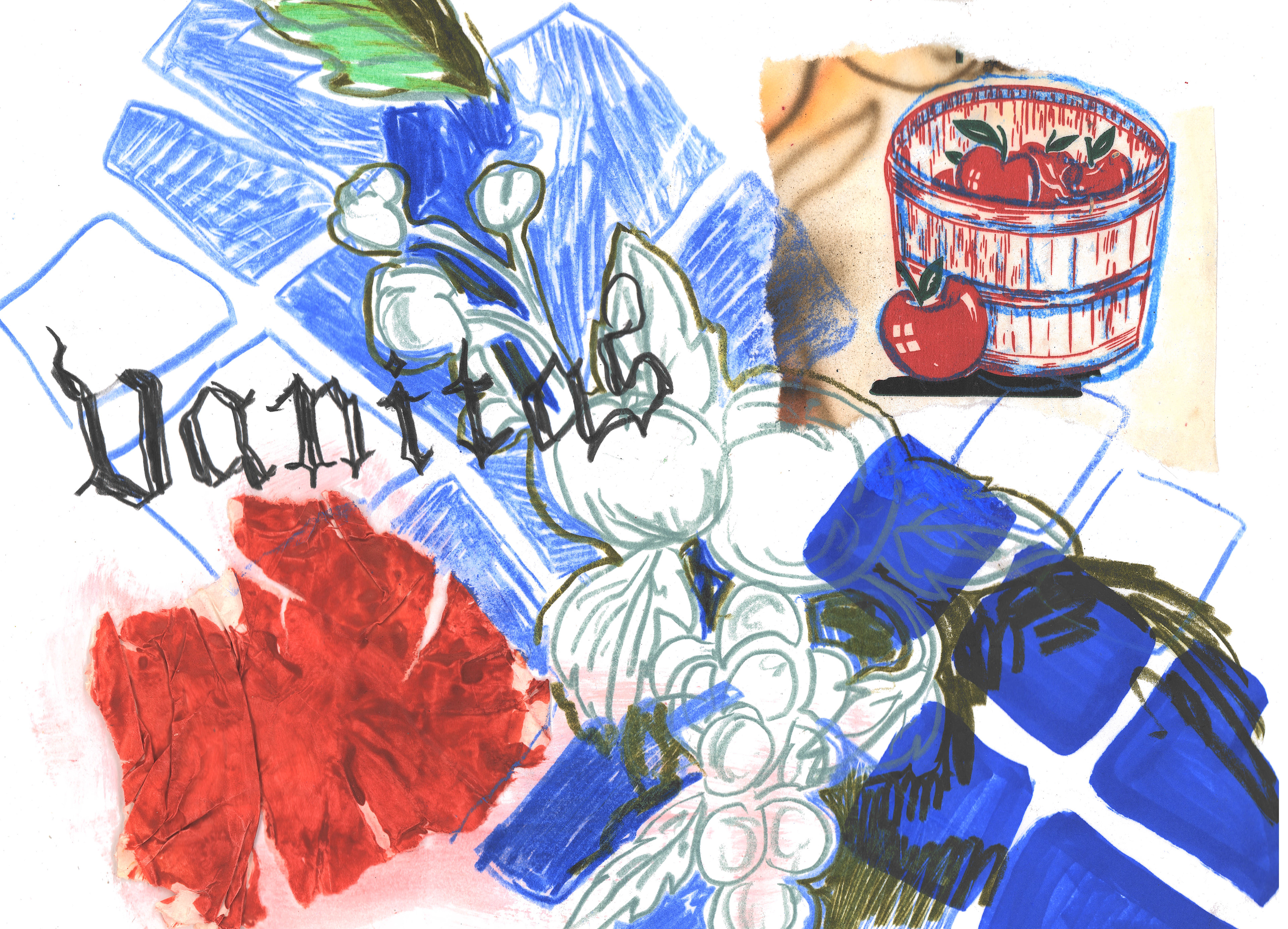 "Vanitas" 8.5 in x 11 in, colored pencil, graphite, marker, fruit wrapper and collage on paper, 2023