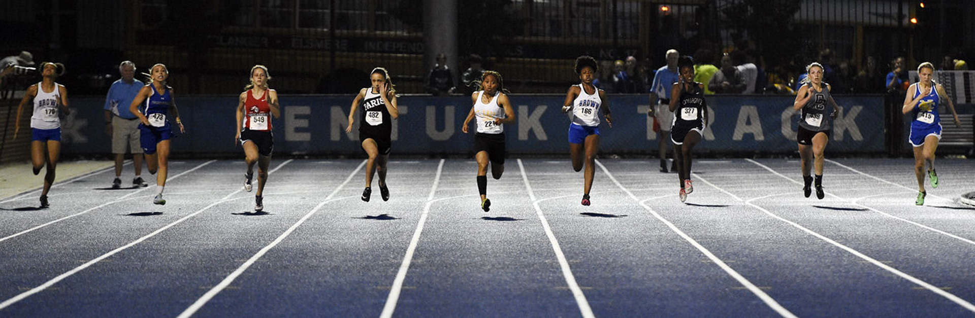 Fort Knox's Saleia Porter, center, sprints down the straightaway in a heat of the girls' 200-meter dash Thursday, May 17, 2018, during the Class 1-A KHSAA State Track and Field Championship at the University of Kentucky in Lexington. (Jill Pickett/The News-Enterprise)