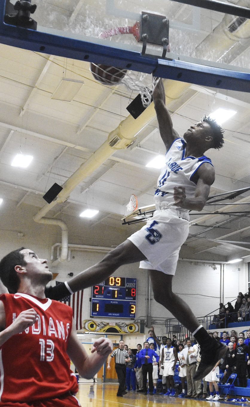 LaRue County's Shane King dunks at the end of the first quarter during a home game Tuesday, Jan. 30, 2018, against Adair County in Hodgenville, Kentucky. (Jill Pickett/The News-Enterprise)