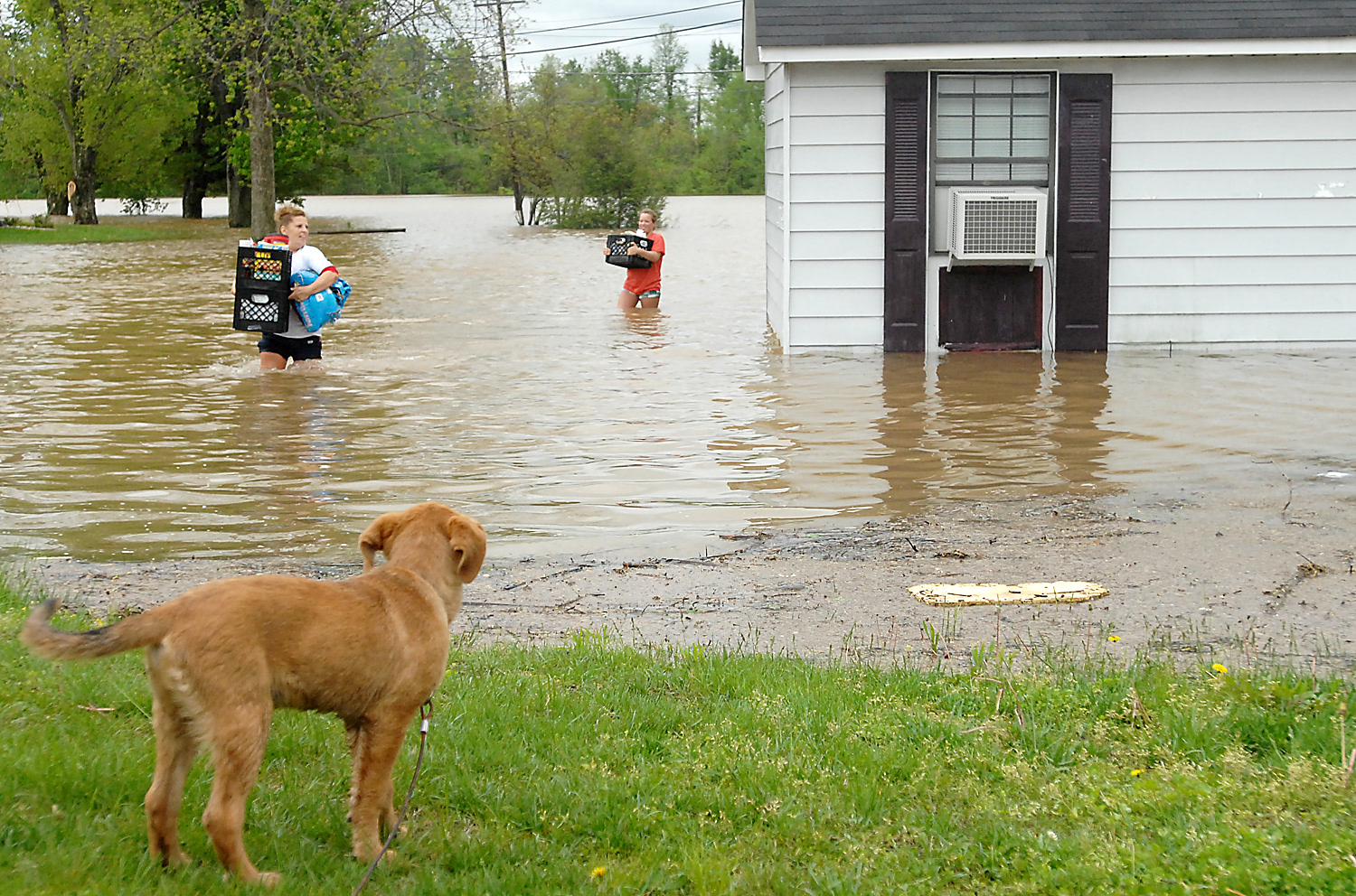Ellen Proctor, left, helps her daughter-in-law, Amanda Baker, move belongings out of Baker's residence Wednesday, April 27, 2011, through the water flooding Hawkins Drive in Elizabethtown, Kentucky. (Jill Pickett/The News-Enterprise)