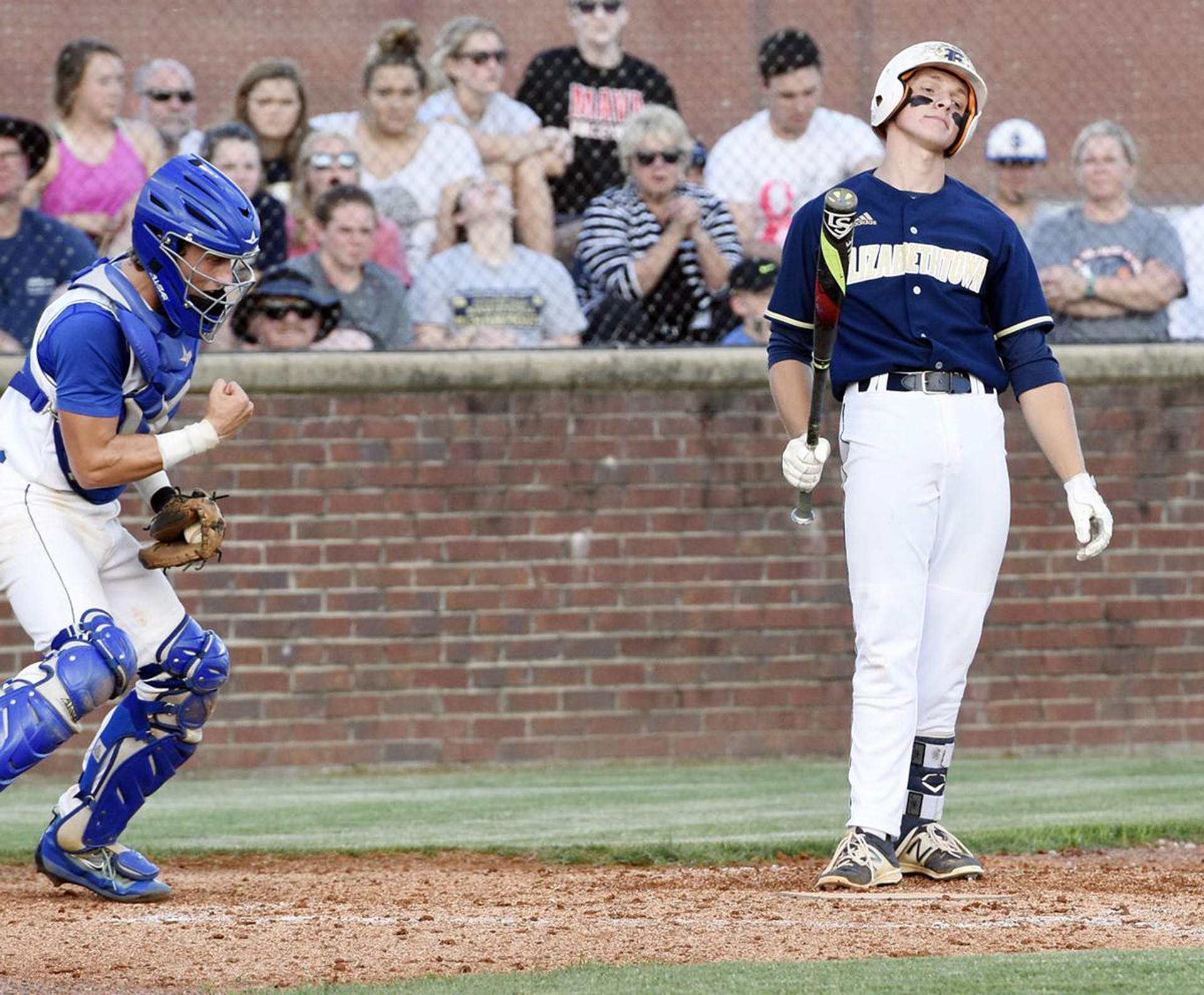 LaRue County catcher Dane Milby and Elizabethtown’s Kade Bailey react after Bailey struck out to end the game in favor of the Hawks during the quarterfinals of the 5th Region Baseball Tournament on Friday, June 1, 2018, at LaRue County. (Jill Pickett/The News-Enterprise)