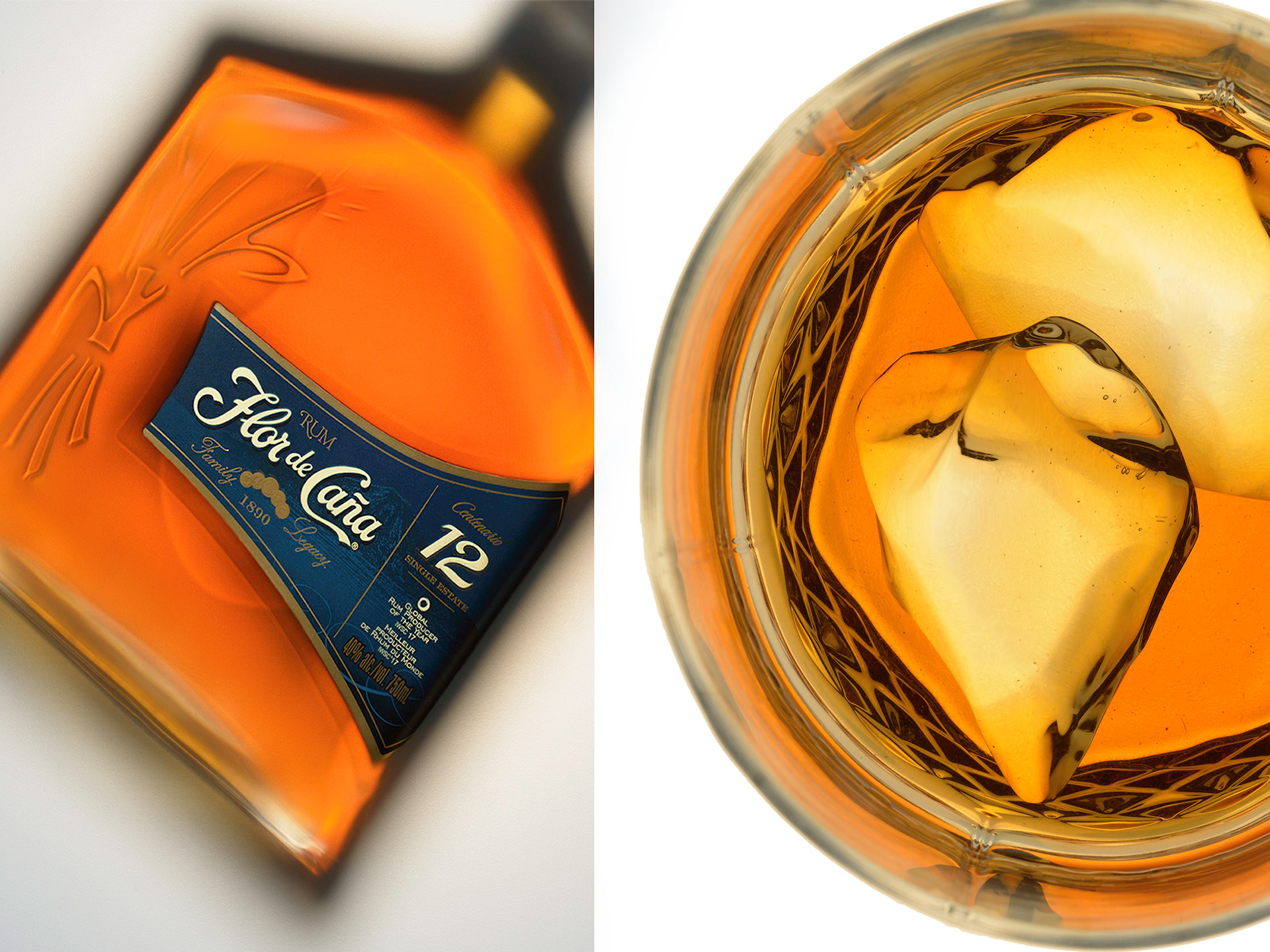 A pair of images. On the left is a single bottle of Flor de Cana rum laying on it's side. On the right is a macro shot of a top view of a glass of rum over ice.