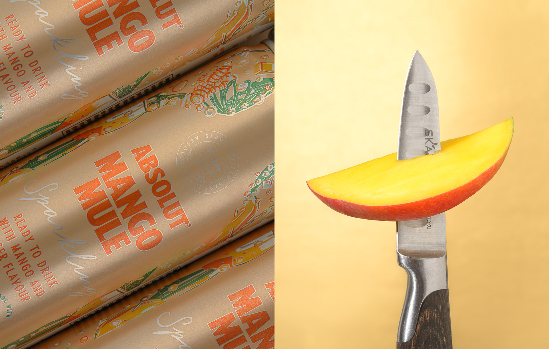 A pair of images. On the left is a graphically aligned trio of Absolut Mango Mule cans, on the right is a single knife piercing a section of mango fruit set against a yellow background