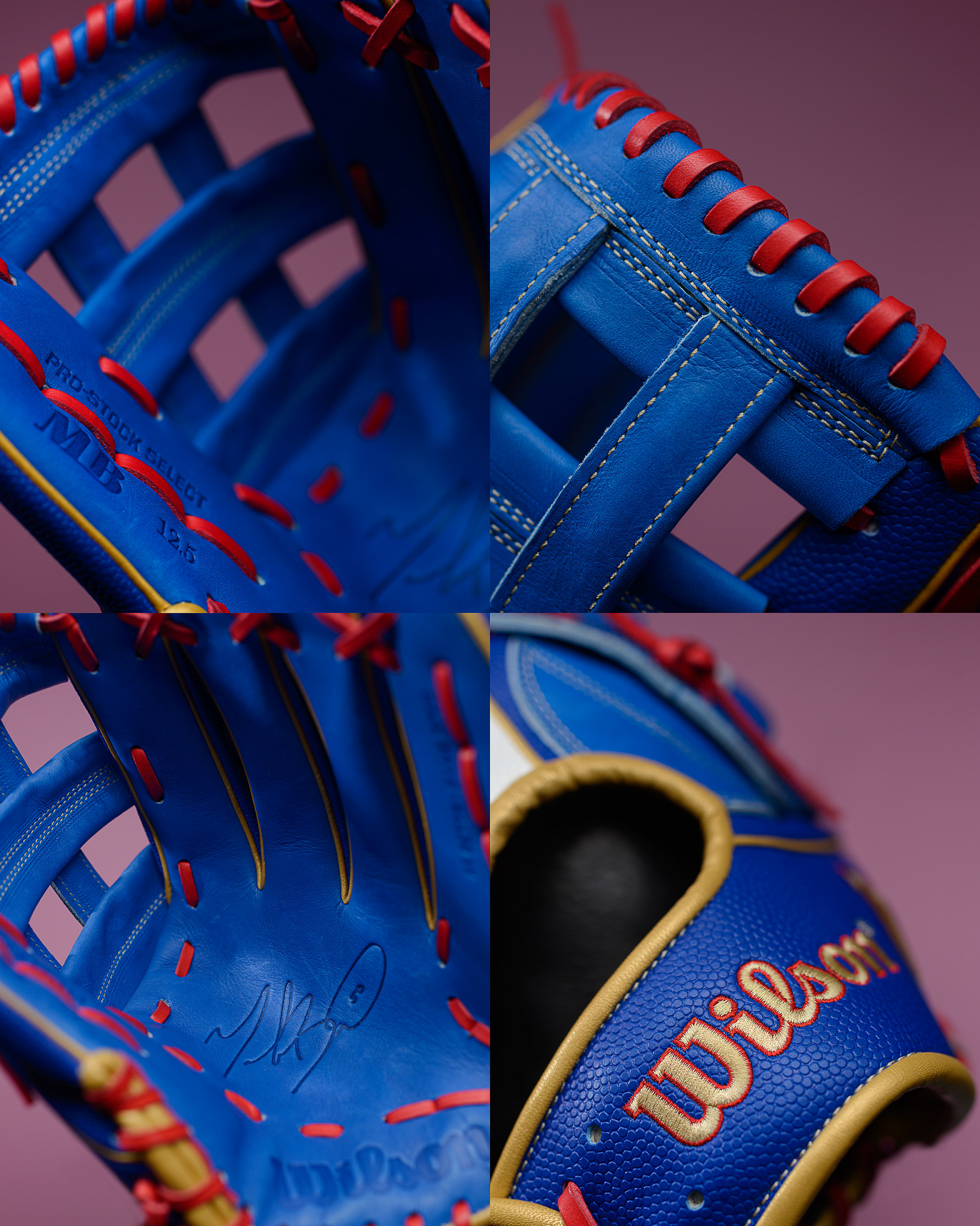 A set of 4 images of the same blue baseball glove from different angles.
