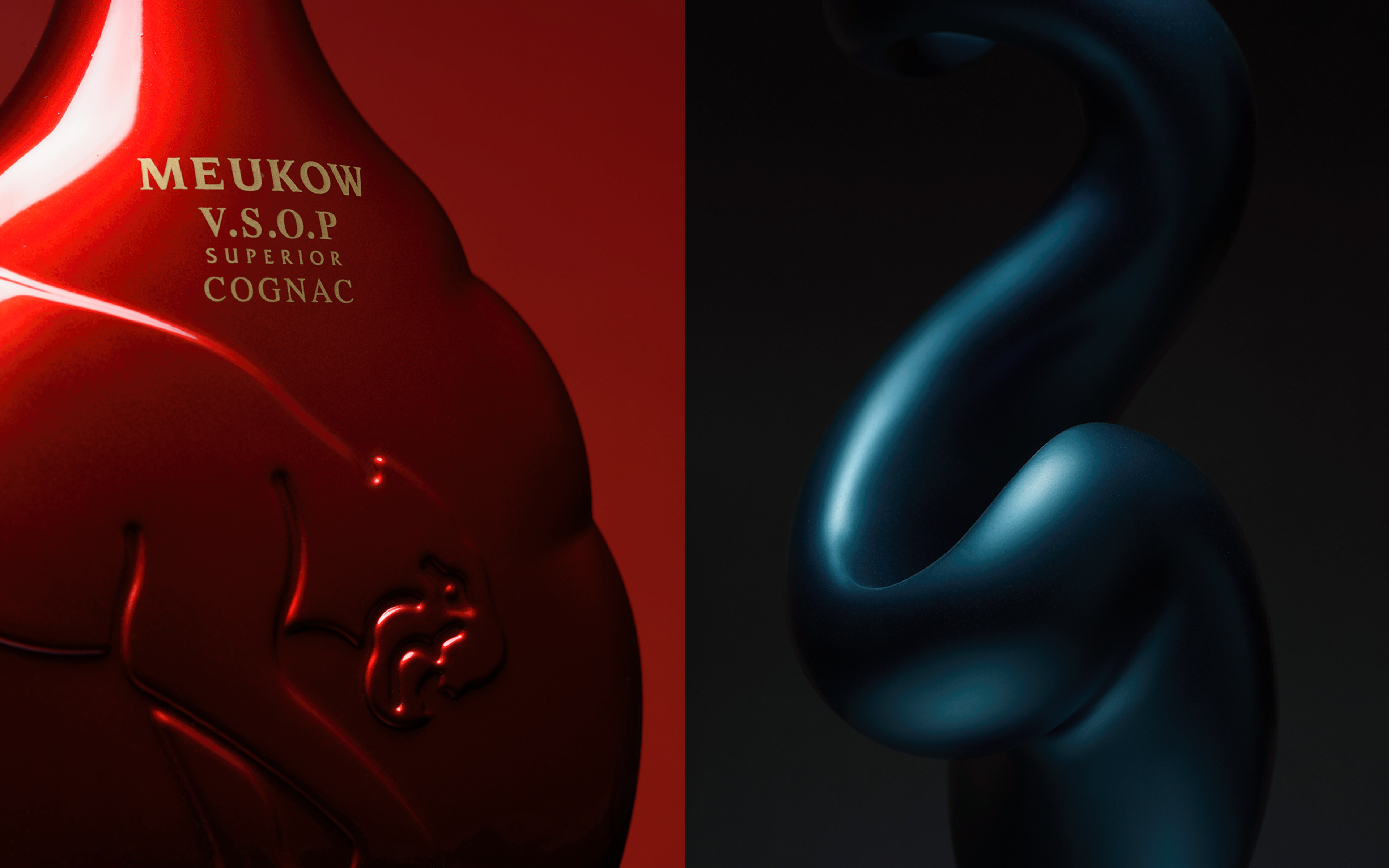 A pair of images. On the left is a dramatic image of a red bottle of Meukow VSOP Cognac against a red background. On the right is a very dramatic image of a curvaceous blue sculpture against a black background