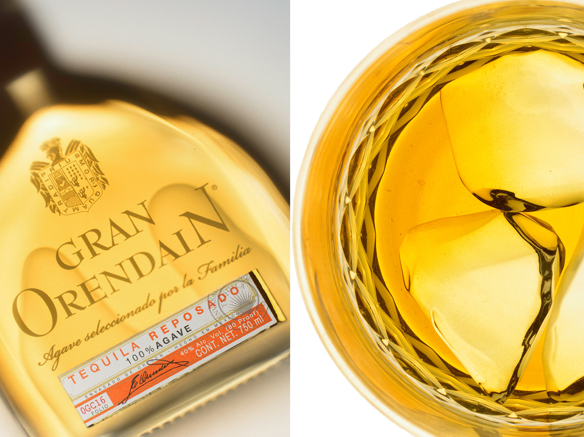 A pair of images. On the left is a single bottle of Gran Orendain tequila on it's side. On the right is a macro shot of a top view of a glass of tequila over ice.
