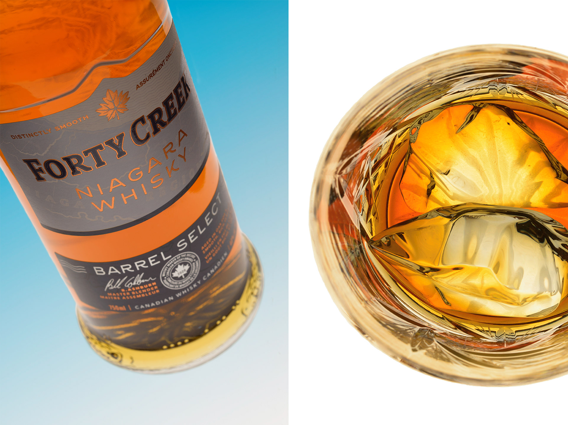 A pair of images. On the left is a single bottle of Forty Creek Niagara Whisky on a fading blue surface. On the right is a macro top down shot of a glass of whisky on ice.