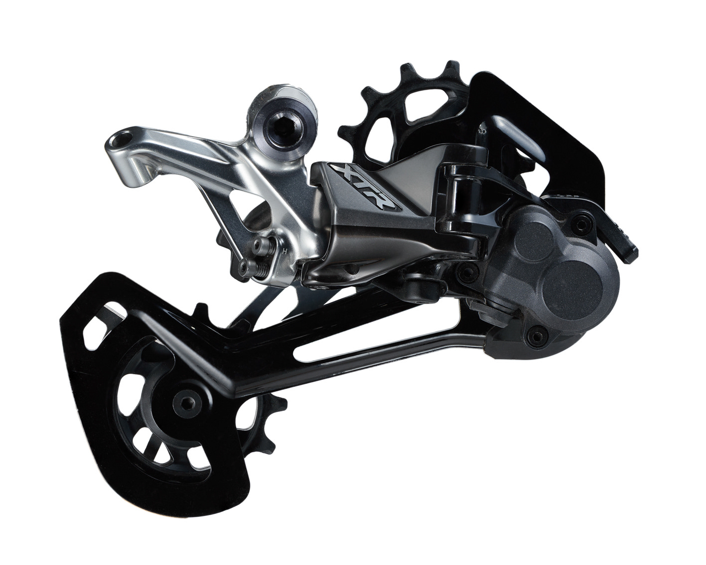 A modern looking rear bicycle derailleur against a white background.