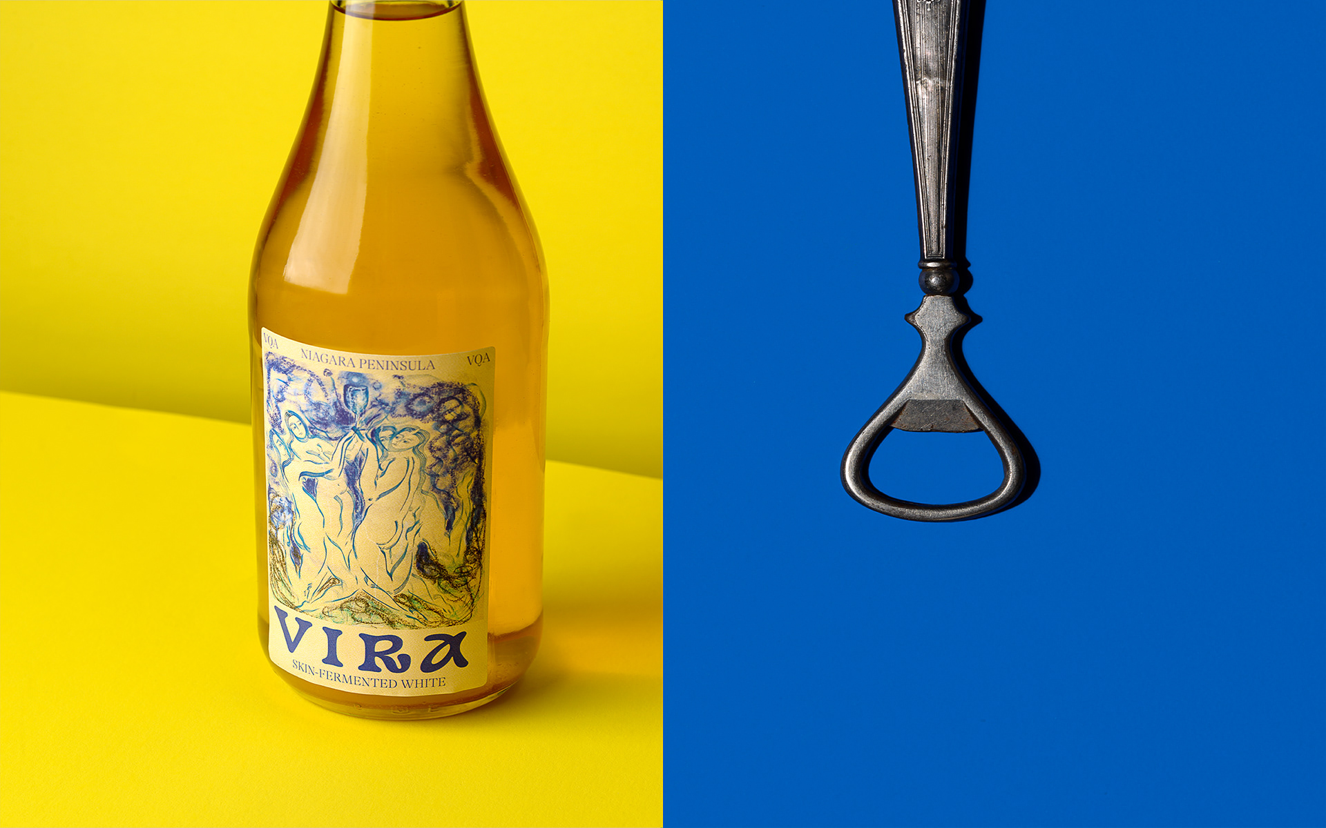A pair of images. On the left is a bottle of Vira skin fermented white wine on a yellow surface, on the right is an antique bottle cap opener resting on a dark blue paper.