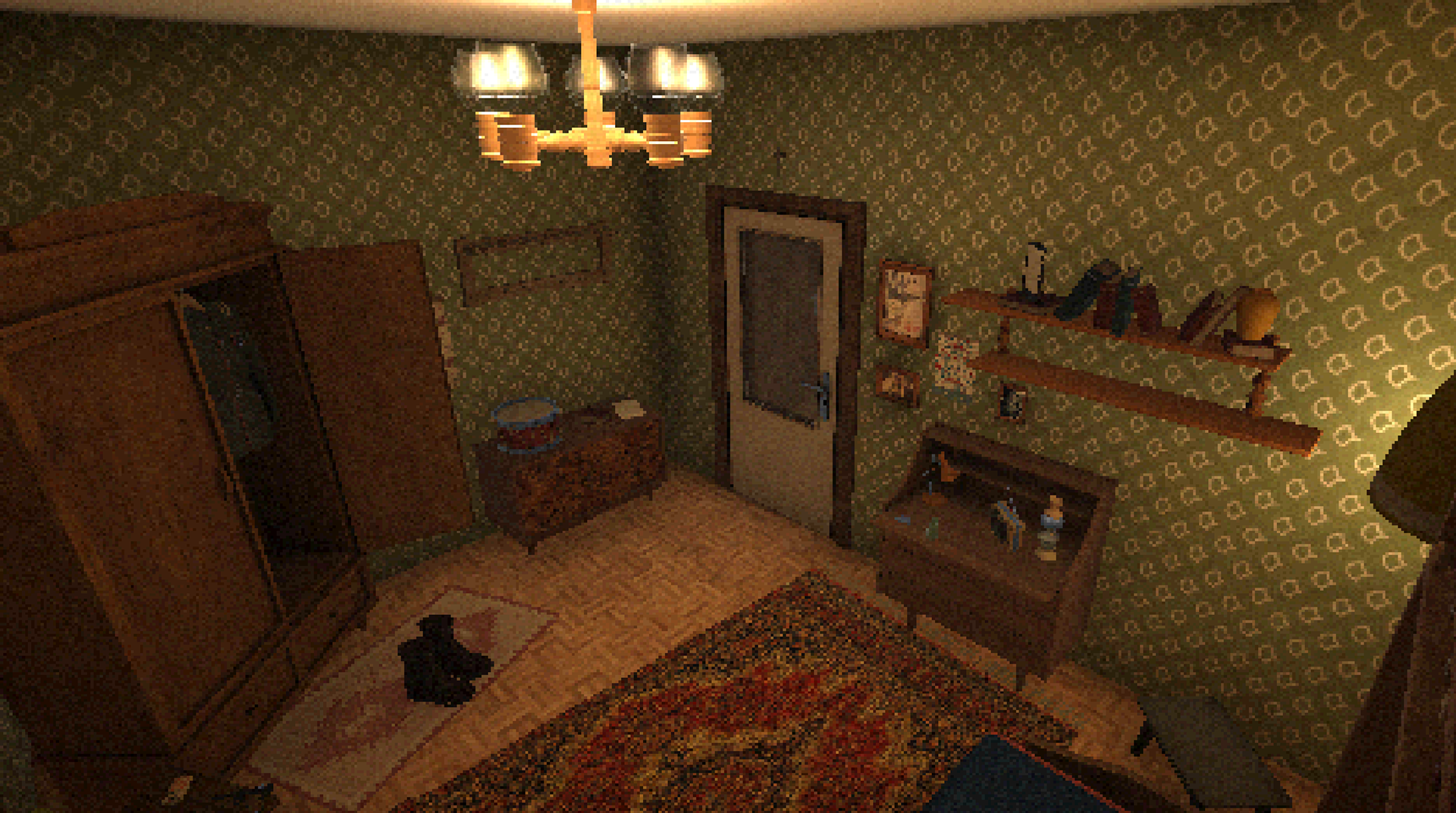 A view of the game's second level, grandpa's bedroom (5 artifacts to collect).
