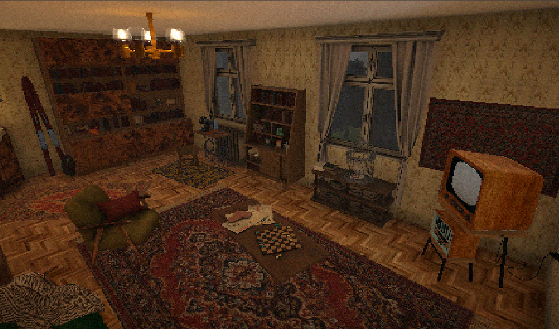 A view of the game's third and final level, the living room (8 artifacts to collect).