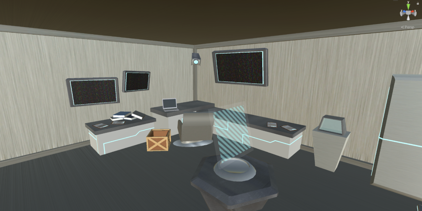 A view of the 'desk section' of the lab after modeling and texturing.