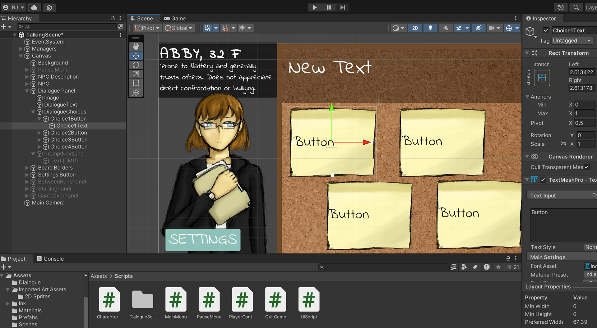 My work in Unity was mostly centered around UI design (making sure buttons are clear and functional, canvas formatting, etc.)