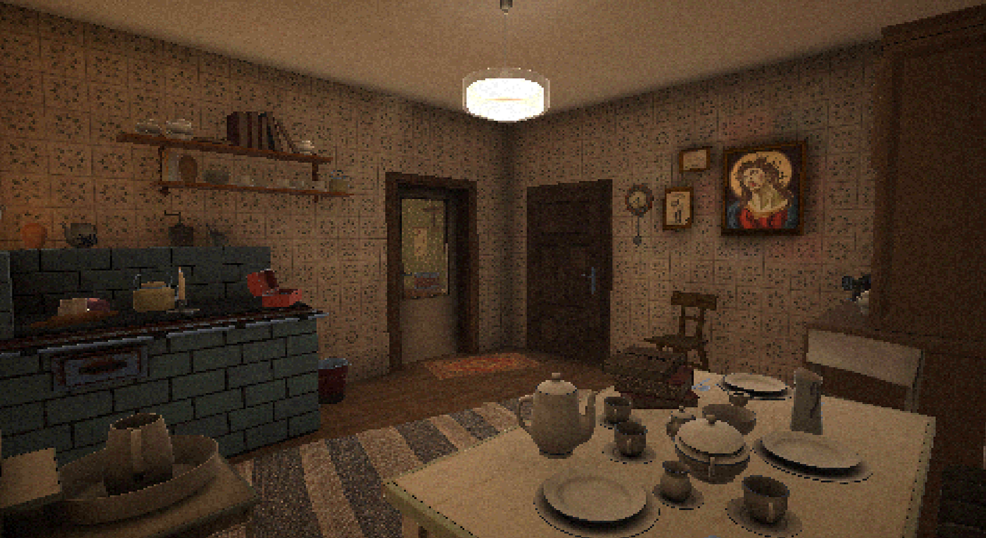 A view of the game's first level, the family kitchen (7 artifacts to collect).