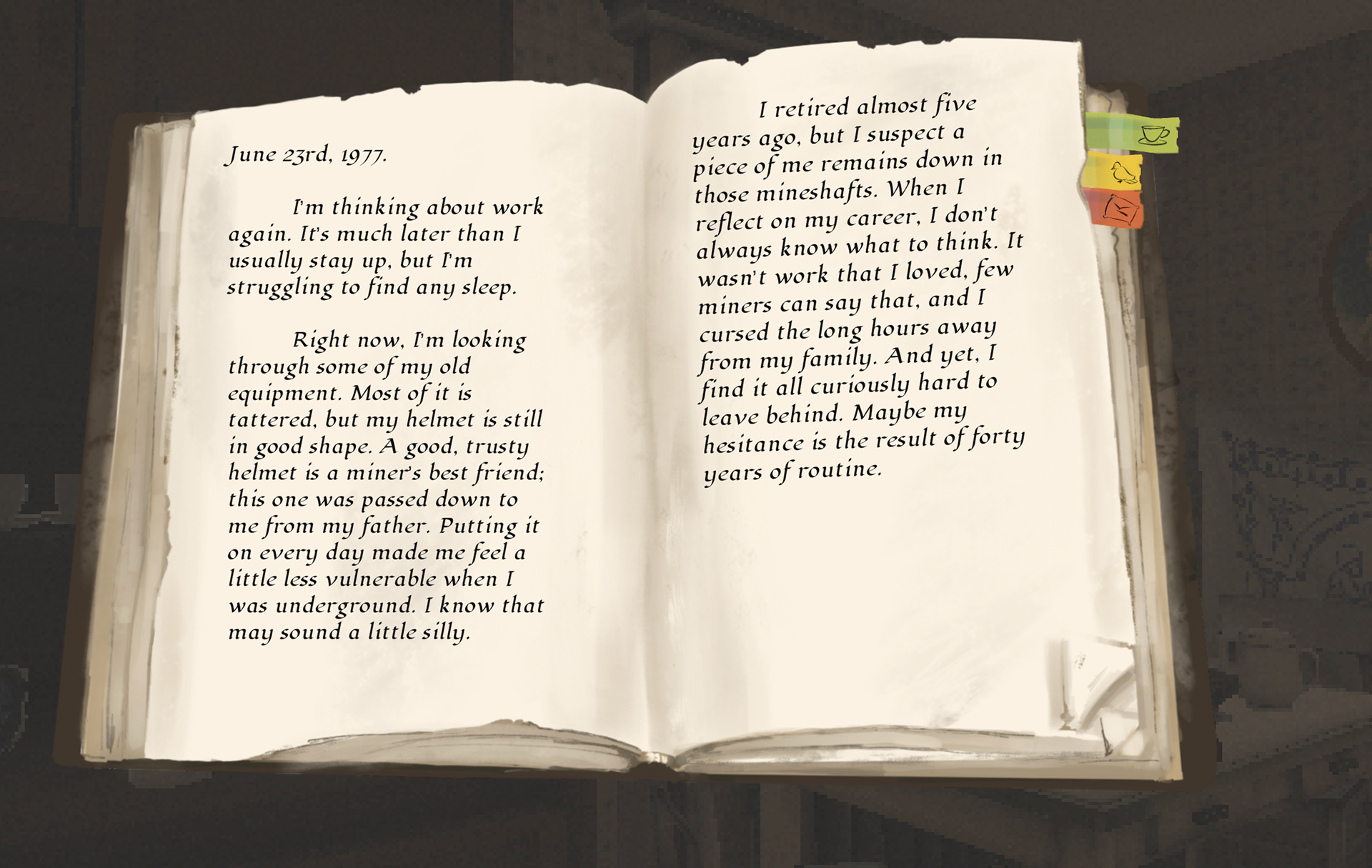 A full diary entry corresponding to an artifact collected by the player.