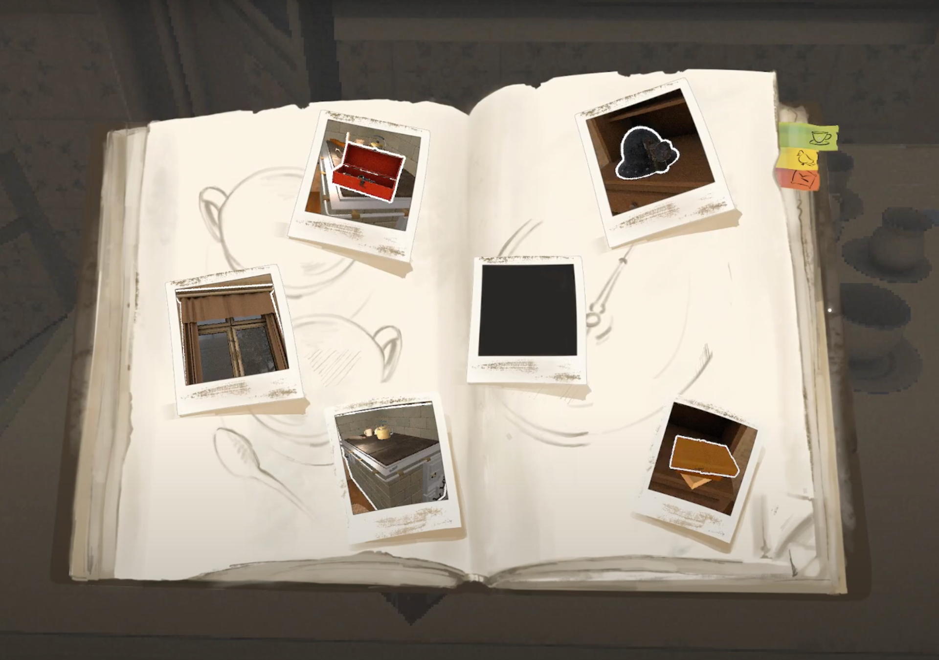 A view of the diary showing artifacts collected by the player. To read a specific diary entry, click on the artifact's picture.