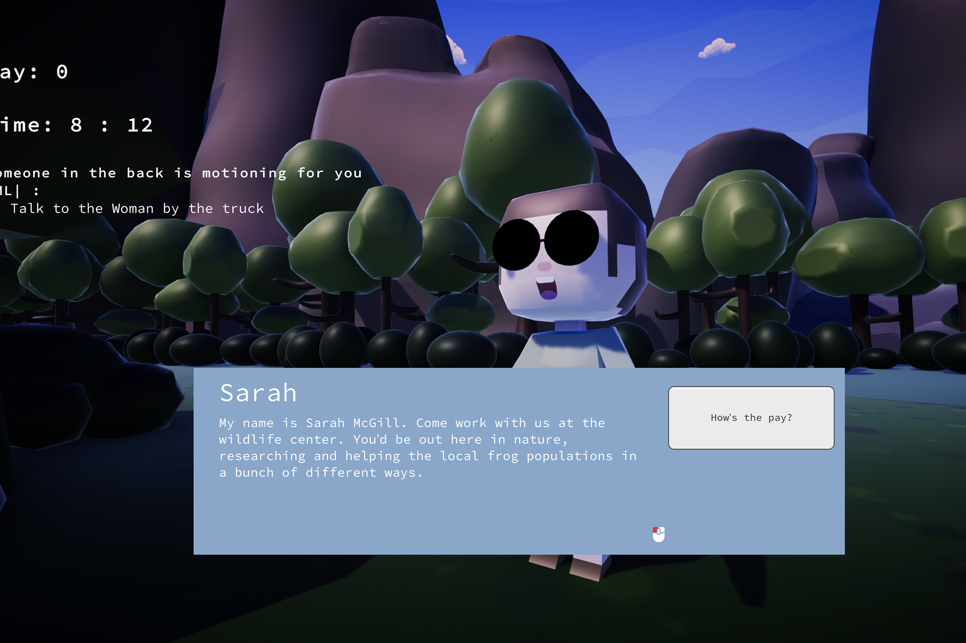 An example of in-game dialogue between the player and their boss.