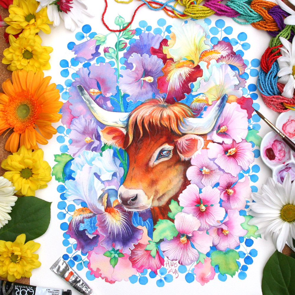 Cow - Ox Chinese Zodiac Watercolor Scarf for Sale by Anna Bucciarelli