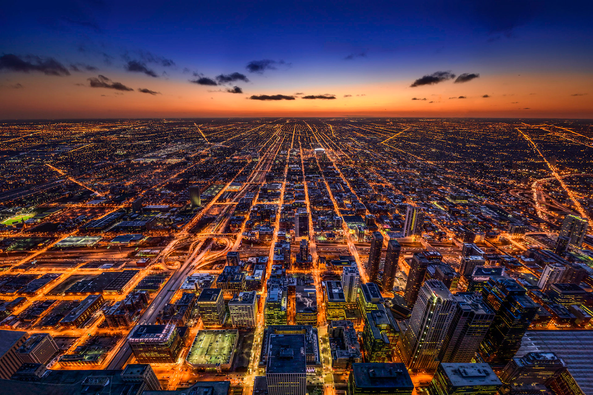 Chicago suburbs at dusk - Chicago, USA, March 2015