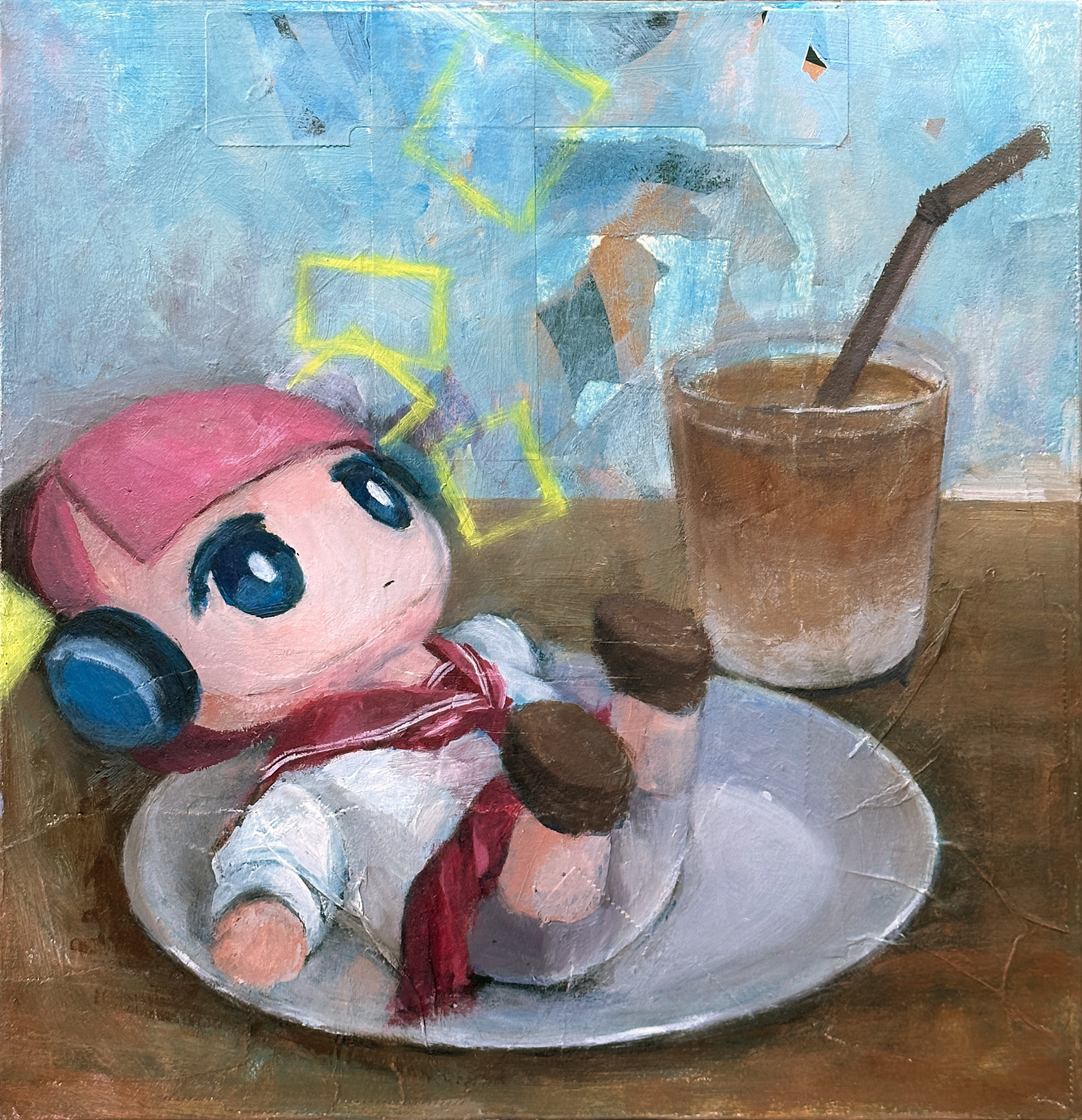 「残り物と皿の上」on the plate with leftovers, 333mm x 333mm, mixedmedia (oil,gloss medium,paper bag) on canvas, 2024