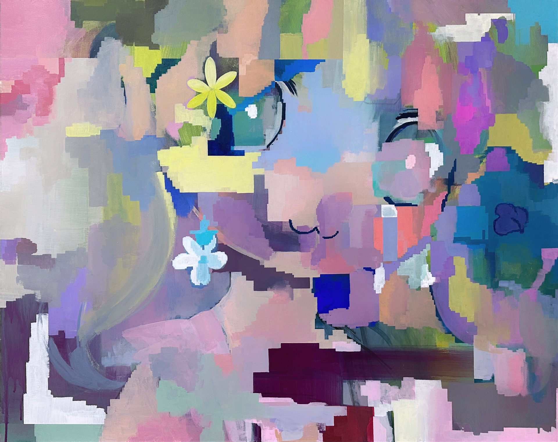 「夢見少女と空飛ぶ花冠」Dreaming Girl and Flying Flower Crown, 910mm x 727mm, acrylic on canvas, 2023