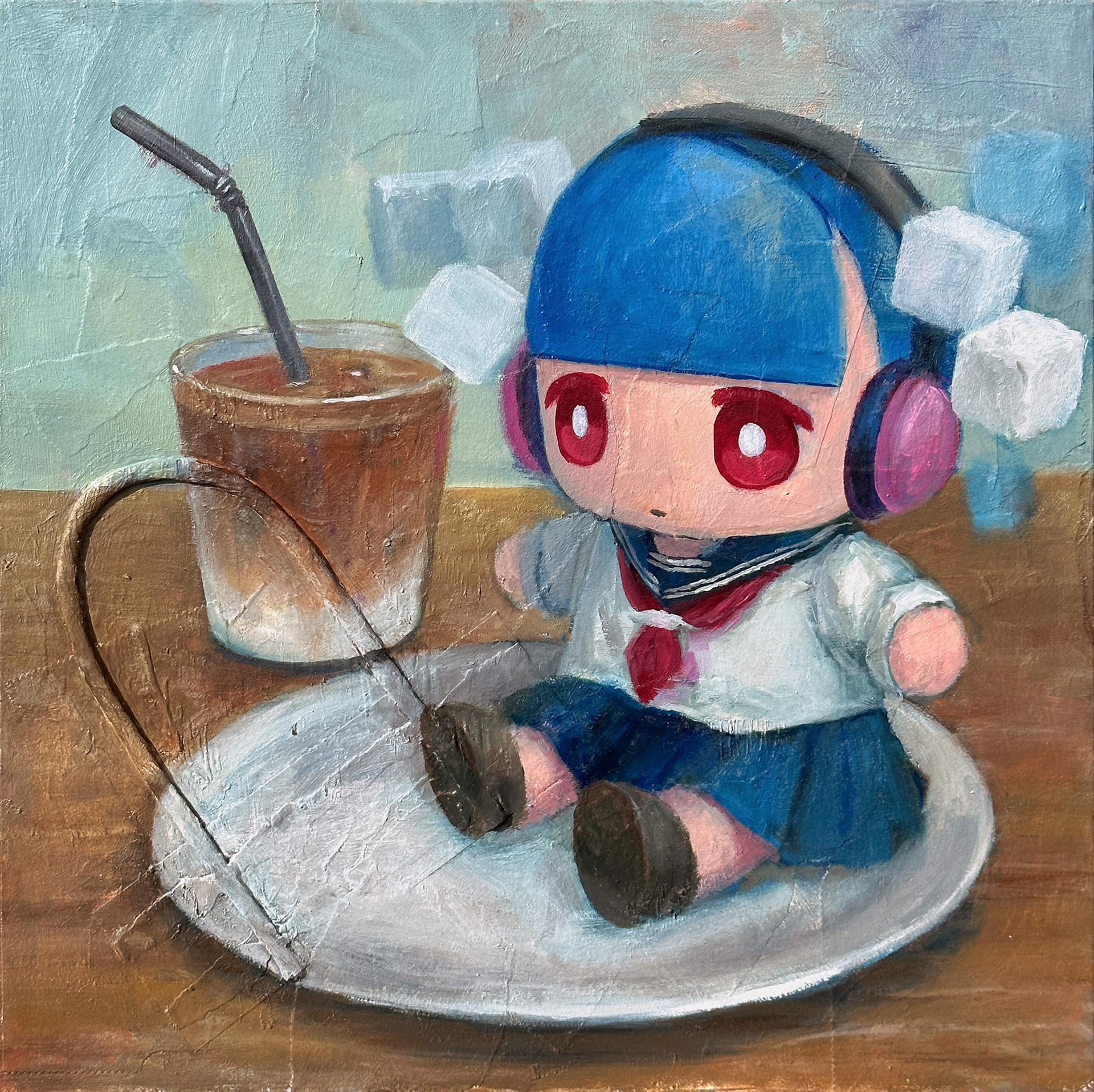 「トッピングと皿の上」on the plate with toppings, 333mm x 333mm, mixedmedia (oil,gloss medium,paper bag) on canvas, 2024
