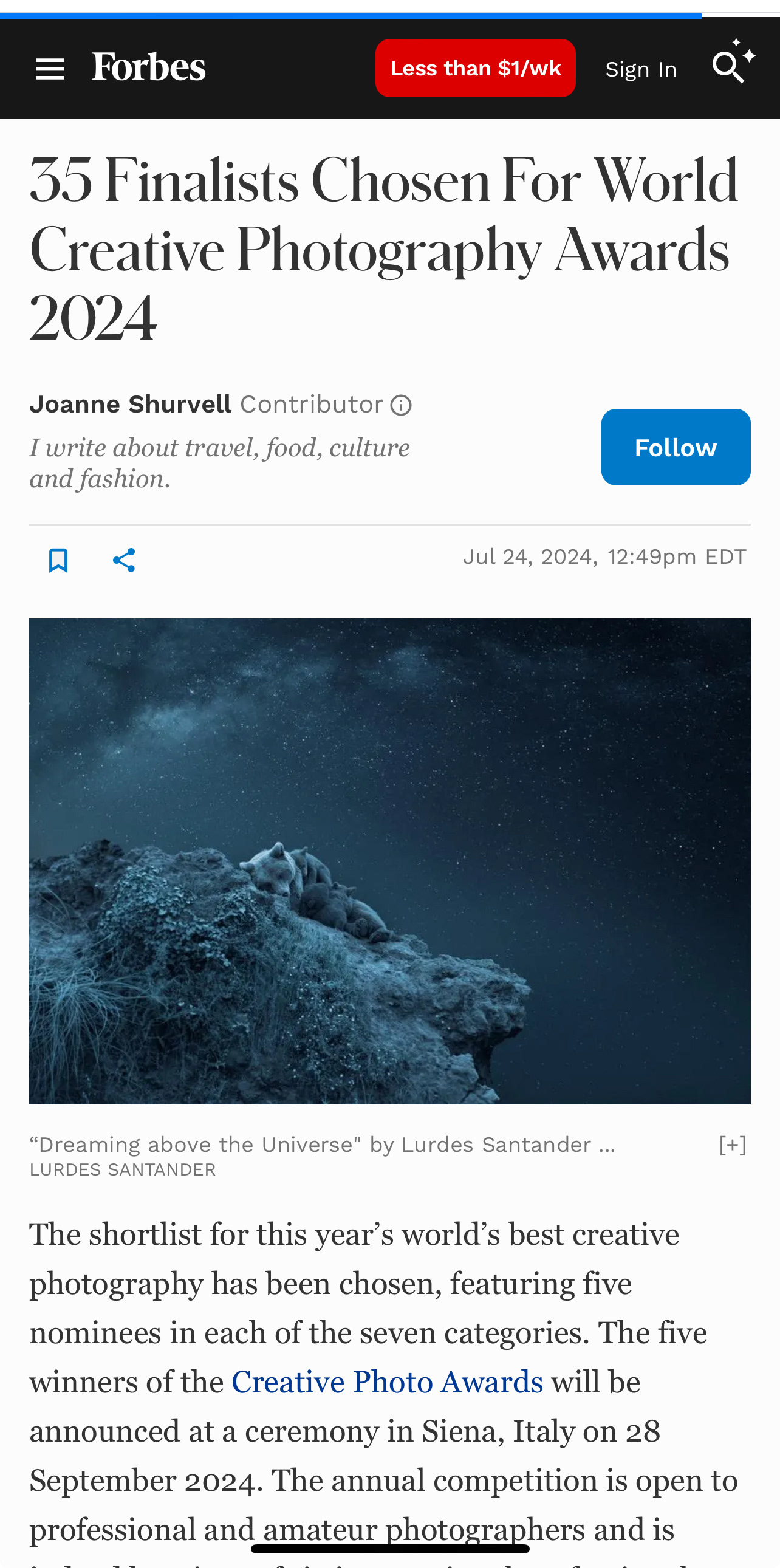 https://www.forbes.com/sites/joanneshurvell/2024/07/24/35-finalists-chosen-for-world-creative-photography-awards-2024/?fbclid=IwY2xjawFMXGlleHRuA2FlbQIxMQABHUovzgI5Dqoy41qJCkKGl80KVgsHqBXGr1LBQSAUeyw7nO2oSNR7epIoHQ_aem_U_6mmmNX33ZpAVdp5_ykIw