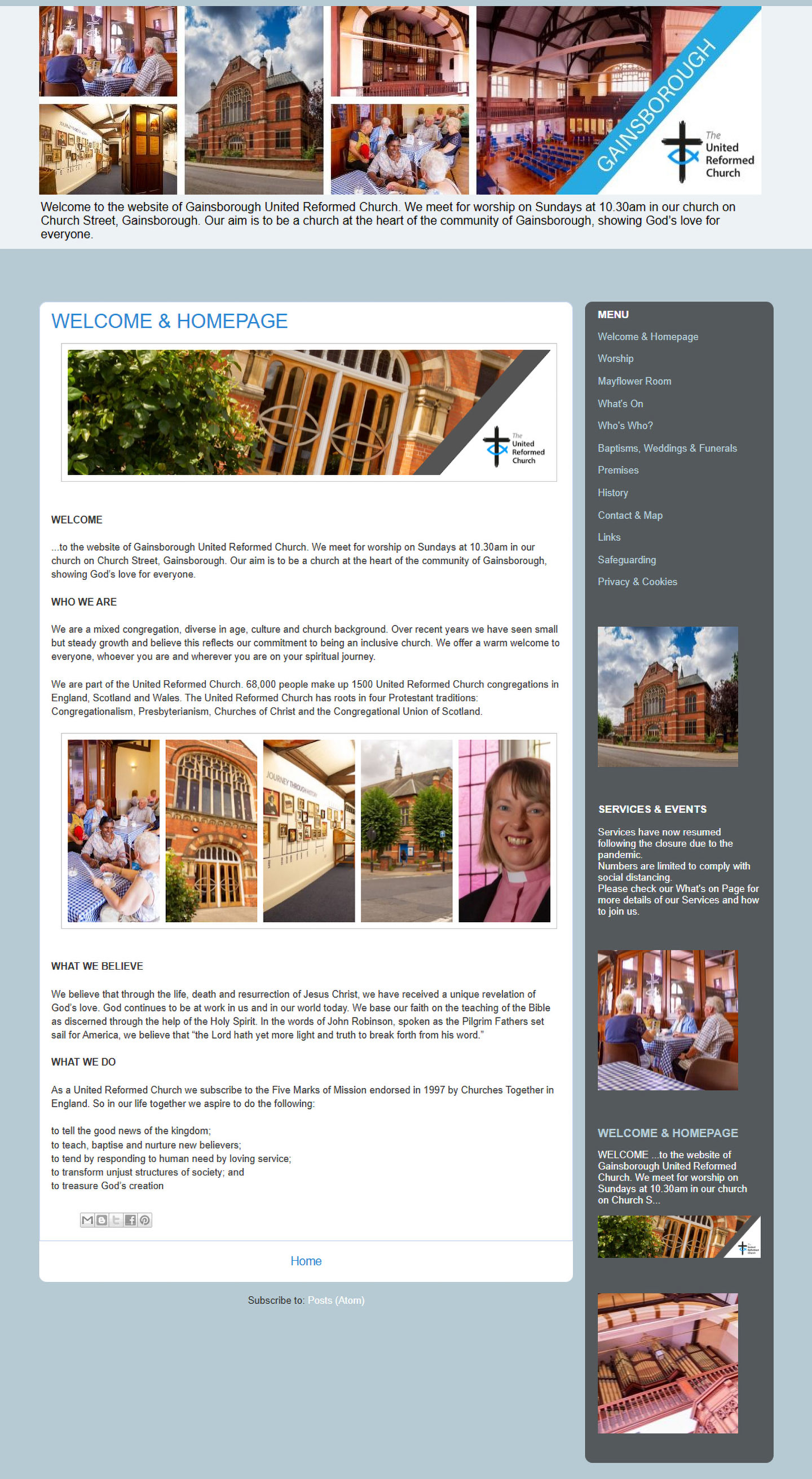 Screen Capture of the homepage of the website for Gainsborough United Reformed Church