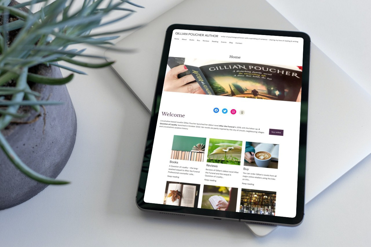 Homepage for an author website on a tablet, showing the home page for Gillian Poucher Author