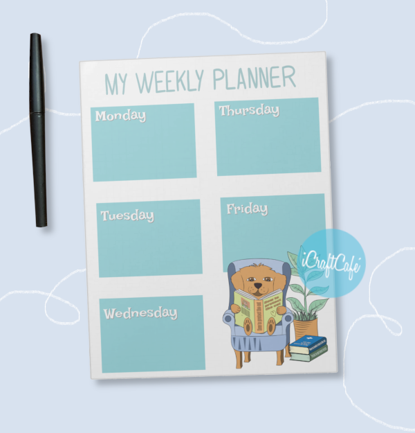 Kid weekly planner notepad with a cartoon dog reading a book 