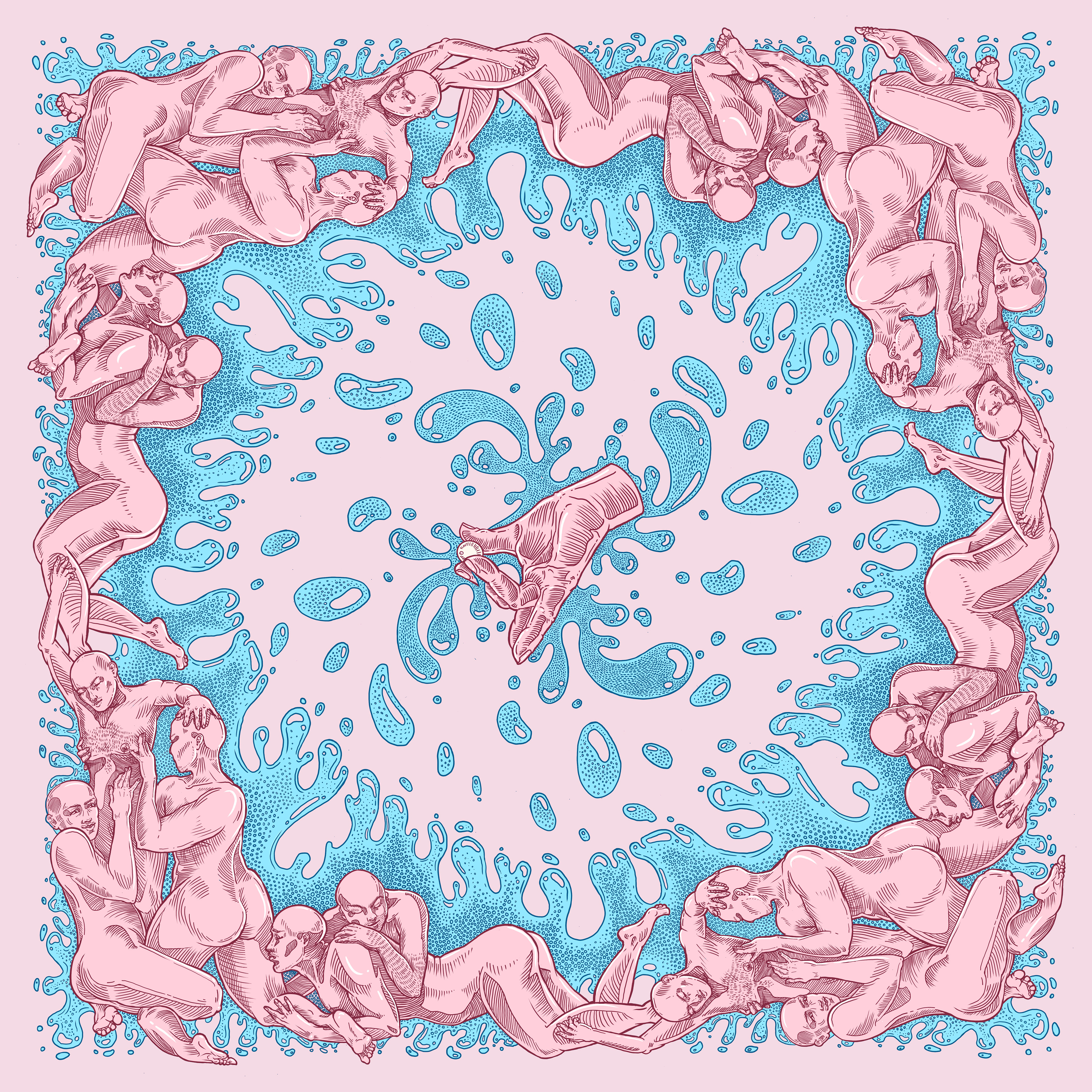 Intertwined bodies and boteh/paisley motif.  Queer closeness is luxurious and common, ancient and yet taboo. Once folded, the scarf becomes a vibrant pattern, its sensual signification known only to the one carrying it.