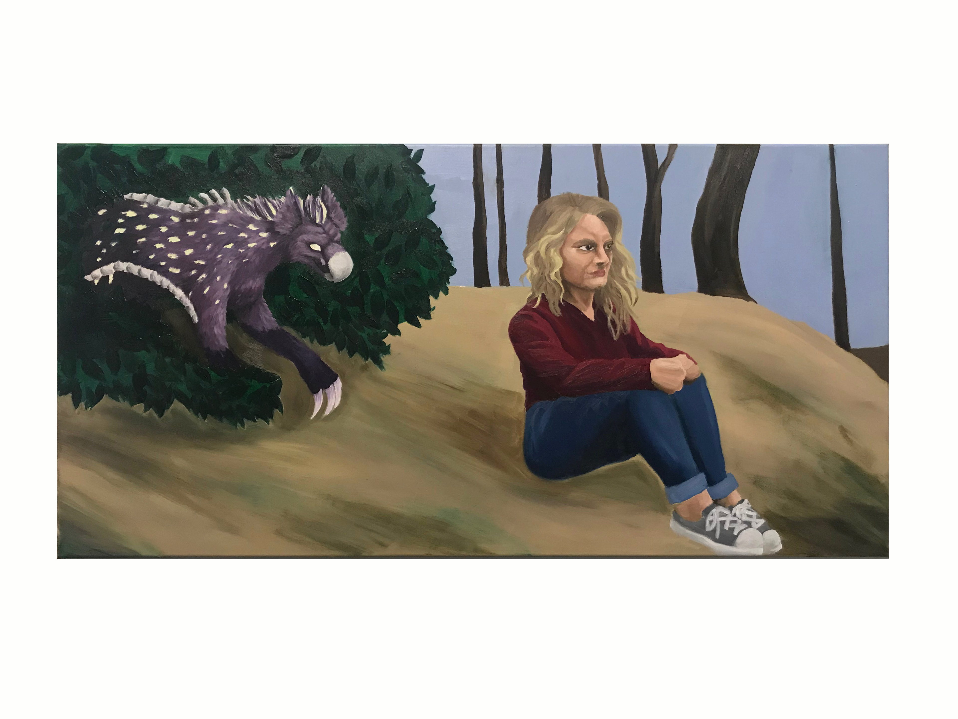 An oil painting of a fictional creature with purple fur, glowing white spots, and a bone tail, is crouching in the bushes and hunting a girl in the foreground. The girl has curly blonde hair and is wearing a long sleeve shirt, blue jeans, and grey converse. She is sitting on a brown hill. The dark shapes of tree trunks are in the distance. 