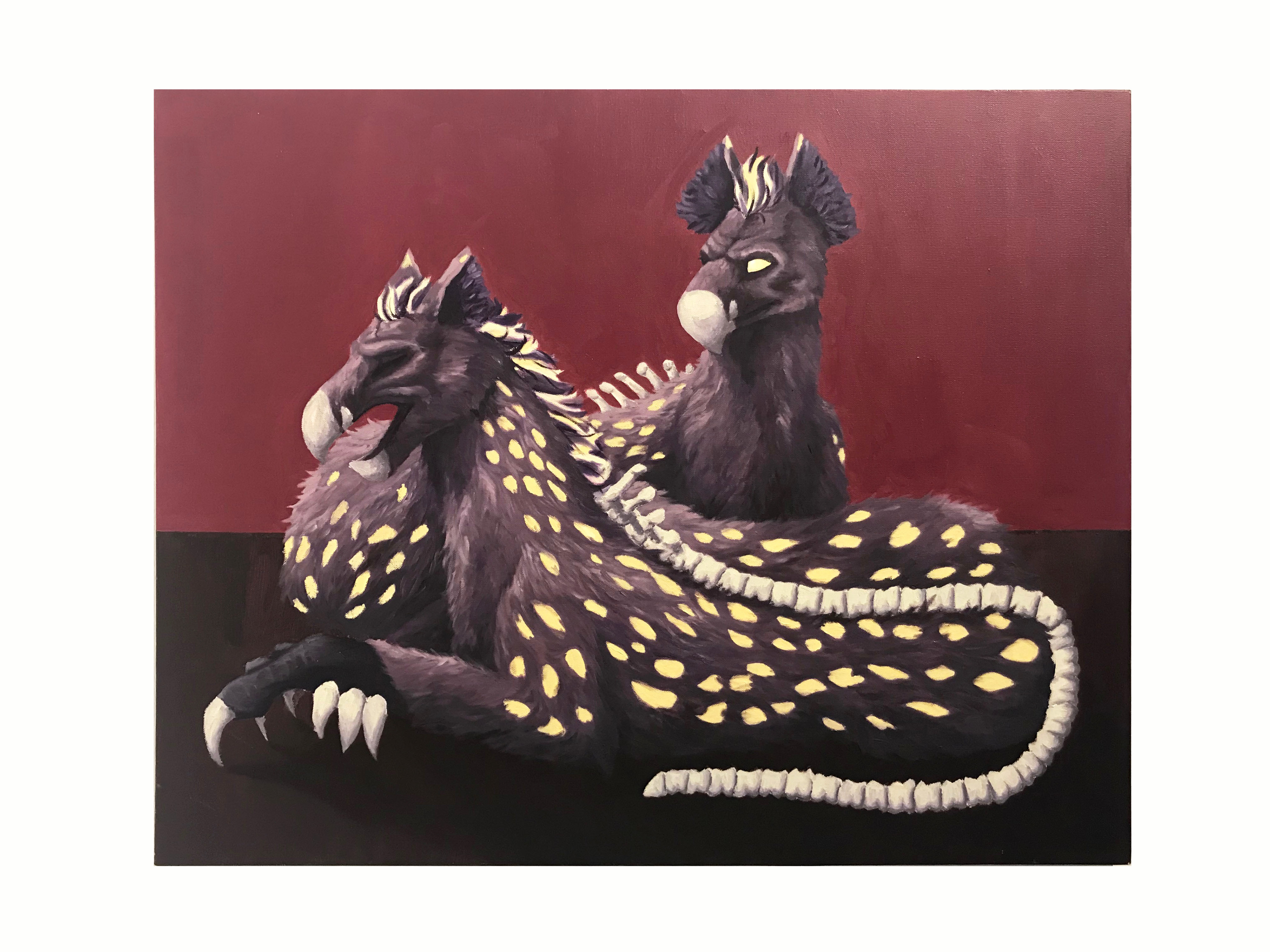 An oil painting showing fictional creatures with purple fur and glowing yellow spots. The creatures have beaks at the end of their snouts and the bones of their spines are emerging from the fur on their backs. 
