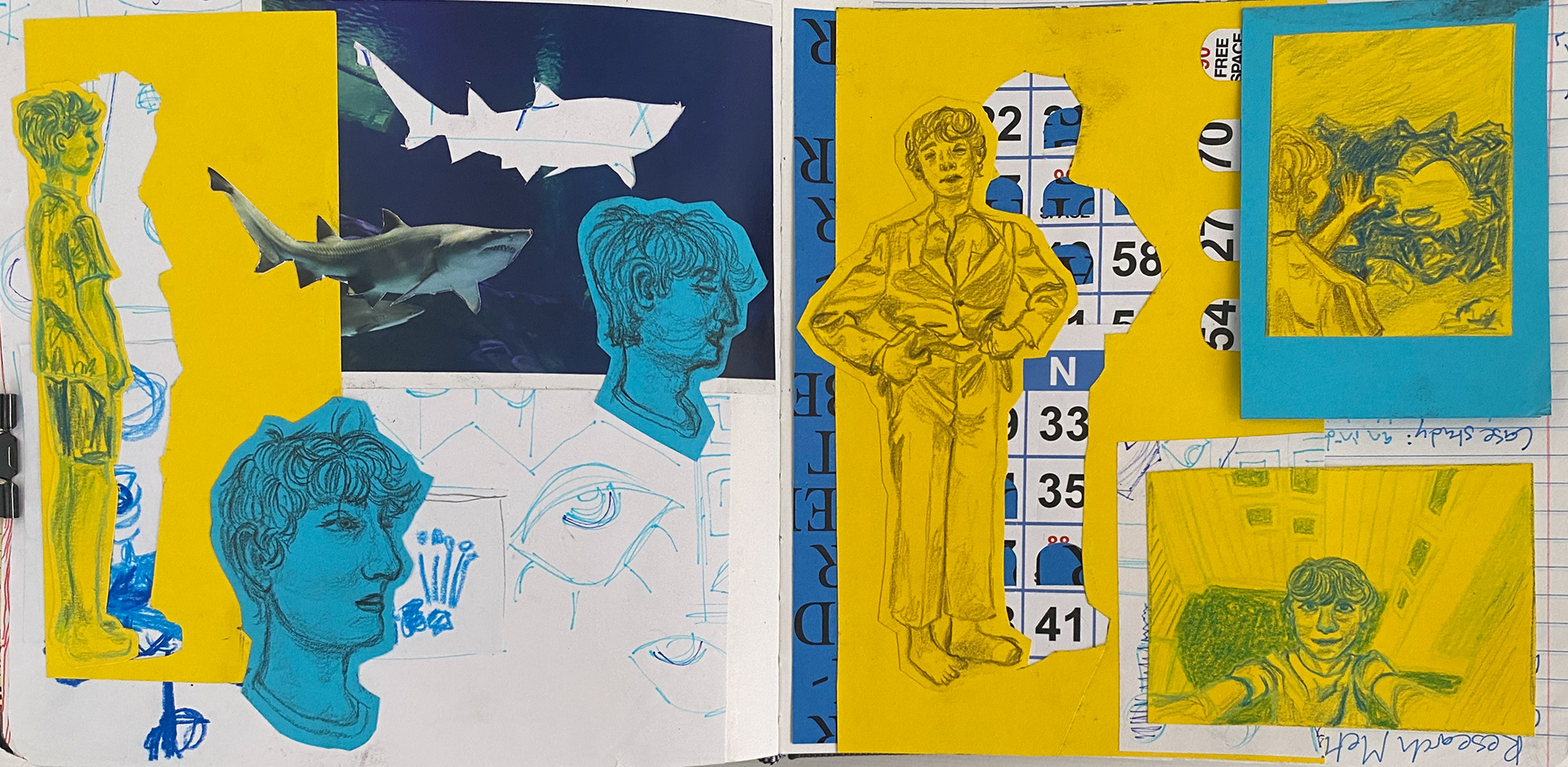 sketchbook pages, pencil and collage