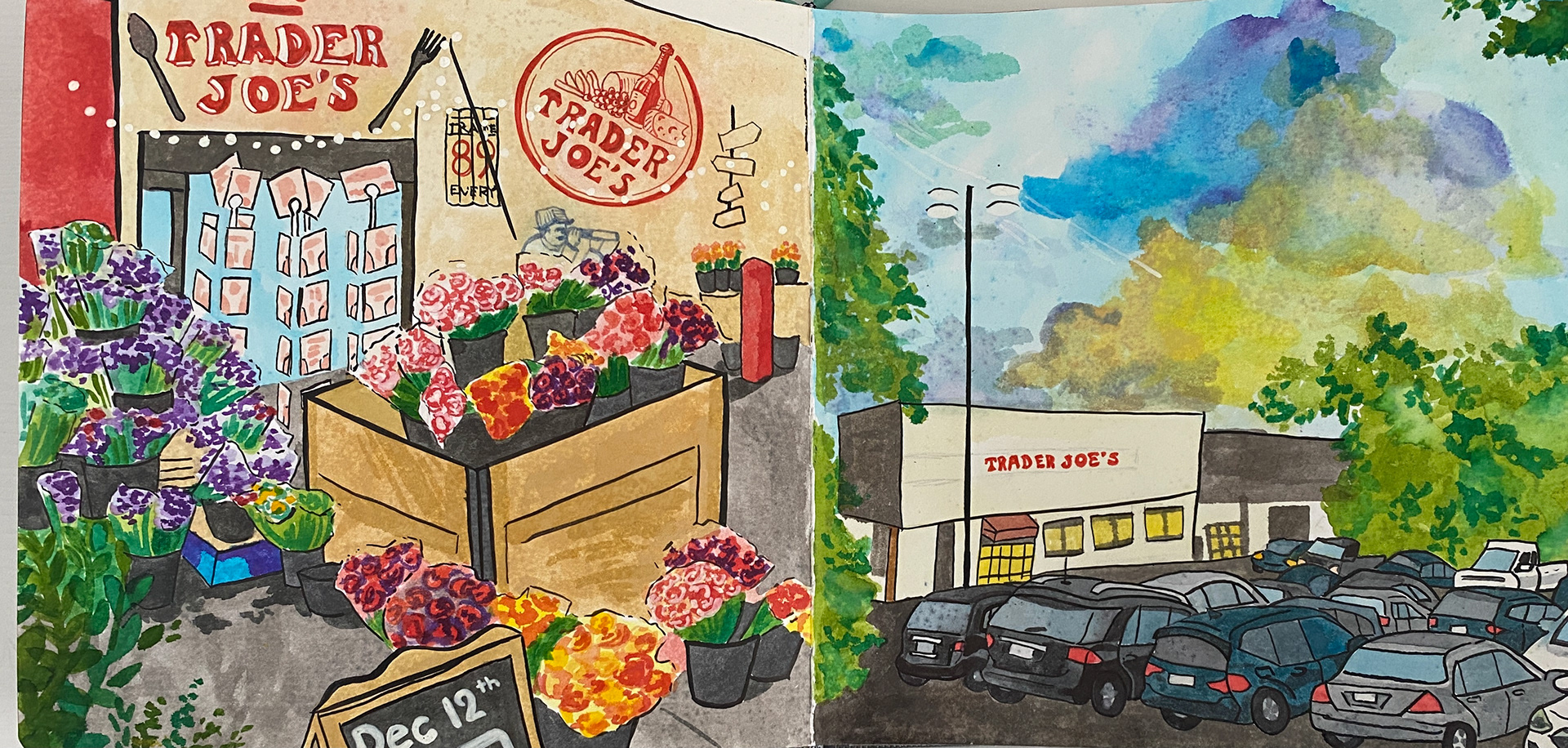 sketchbook pages, watercolor and ink