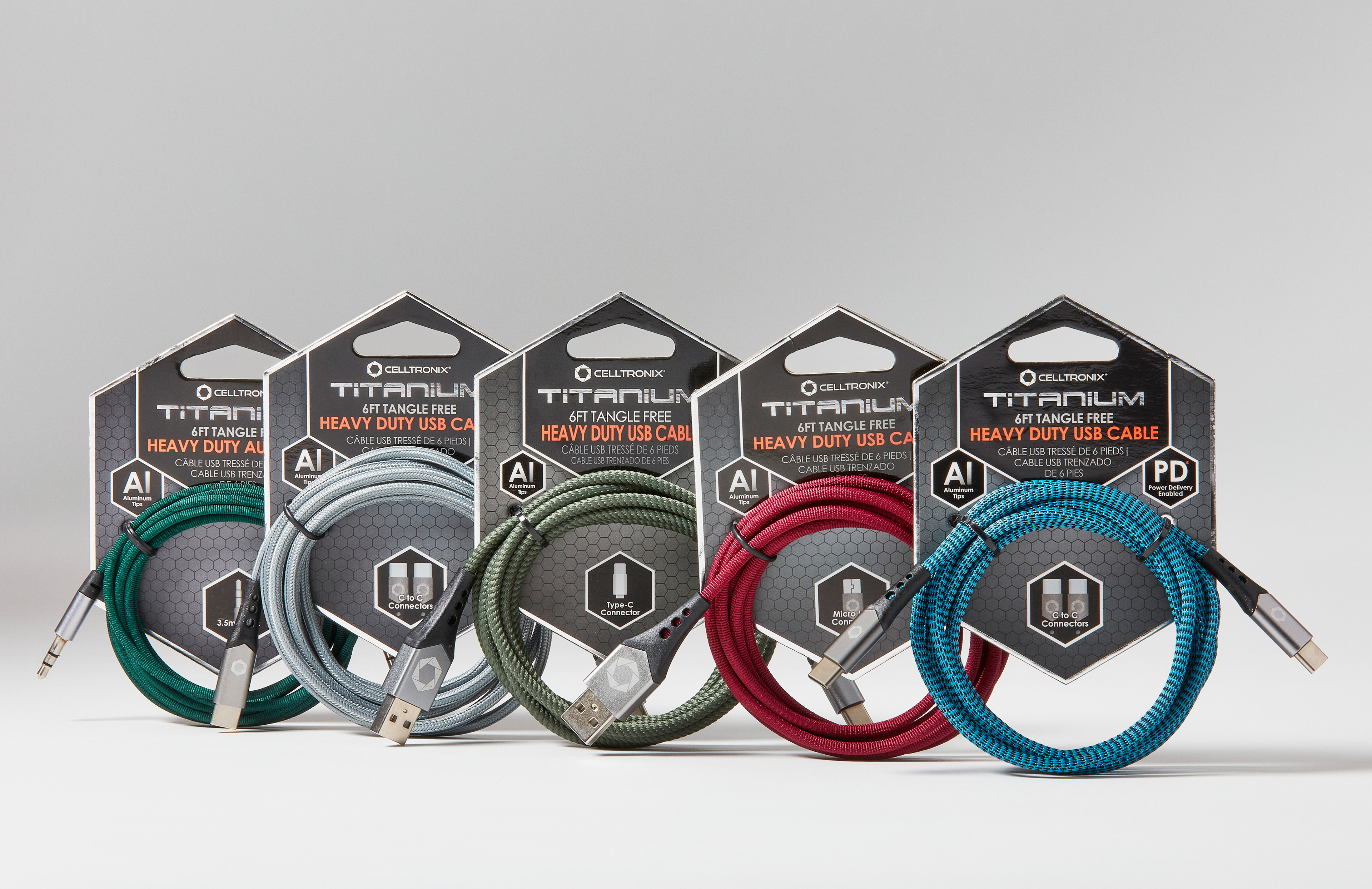 Hang card with silver foil trim, hexagon shape and zip tie uncovered product presentation