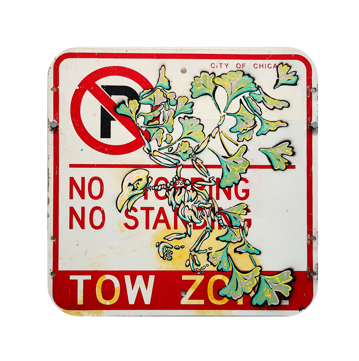 Bird Brain, Emily Baughman, Acrylic paint on metal sign 2022