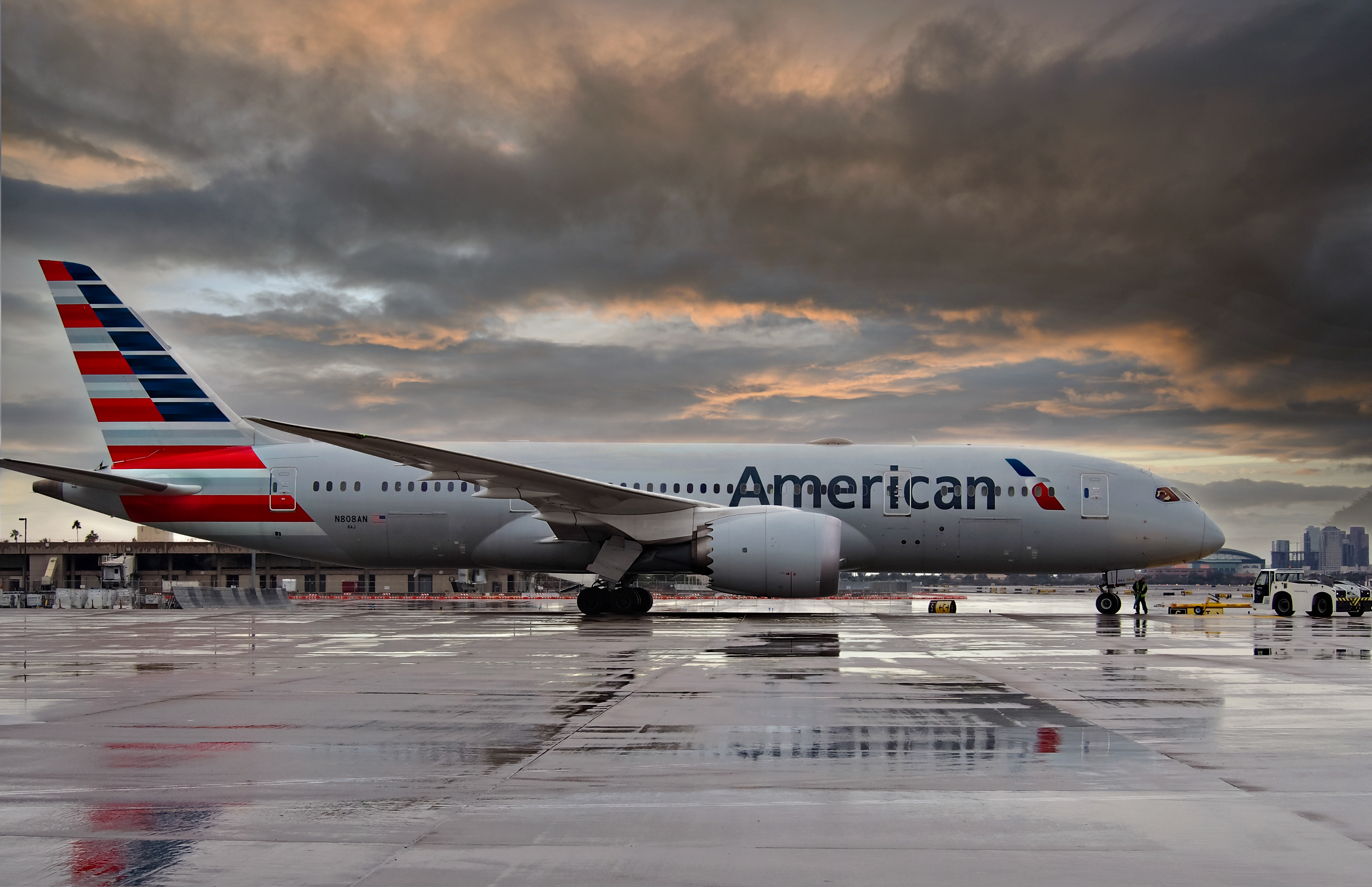 American 787 with rain clouds