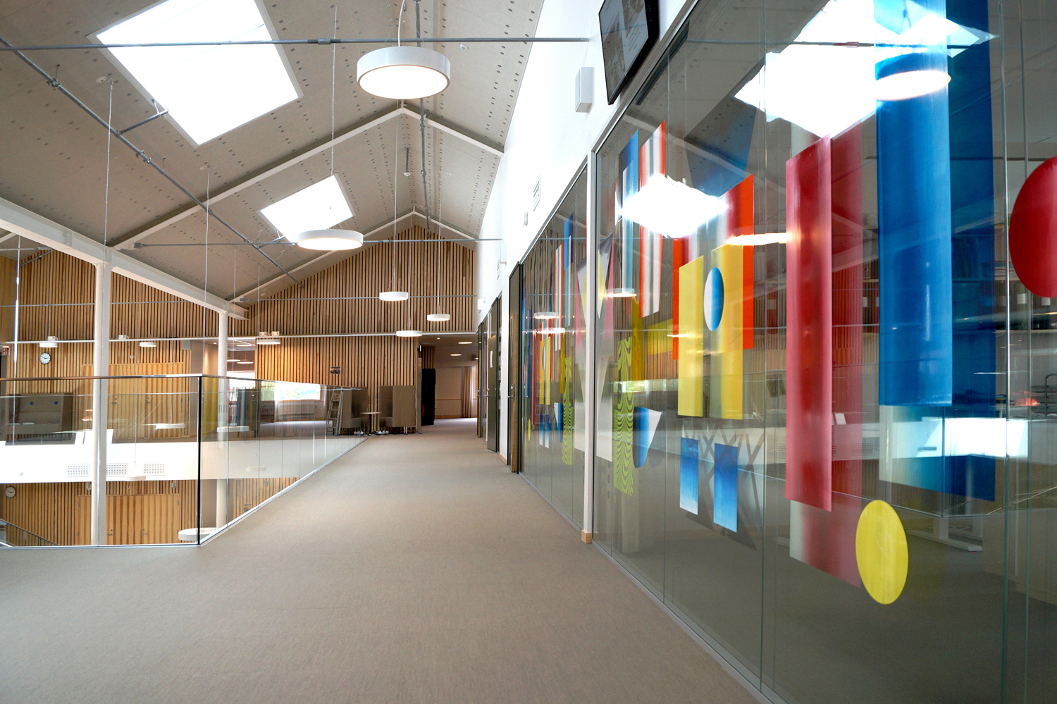 Who's afraid of red, yellow or blue ?, public art, screen-print on glass, 1500 x 270 cm, 2019, Adolfsbergsskolan, Knivsta, Sweden