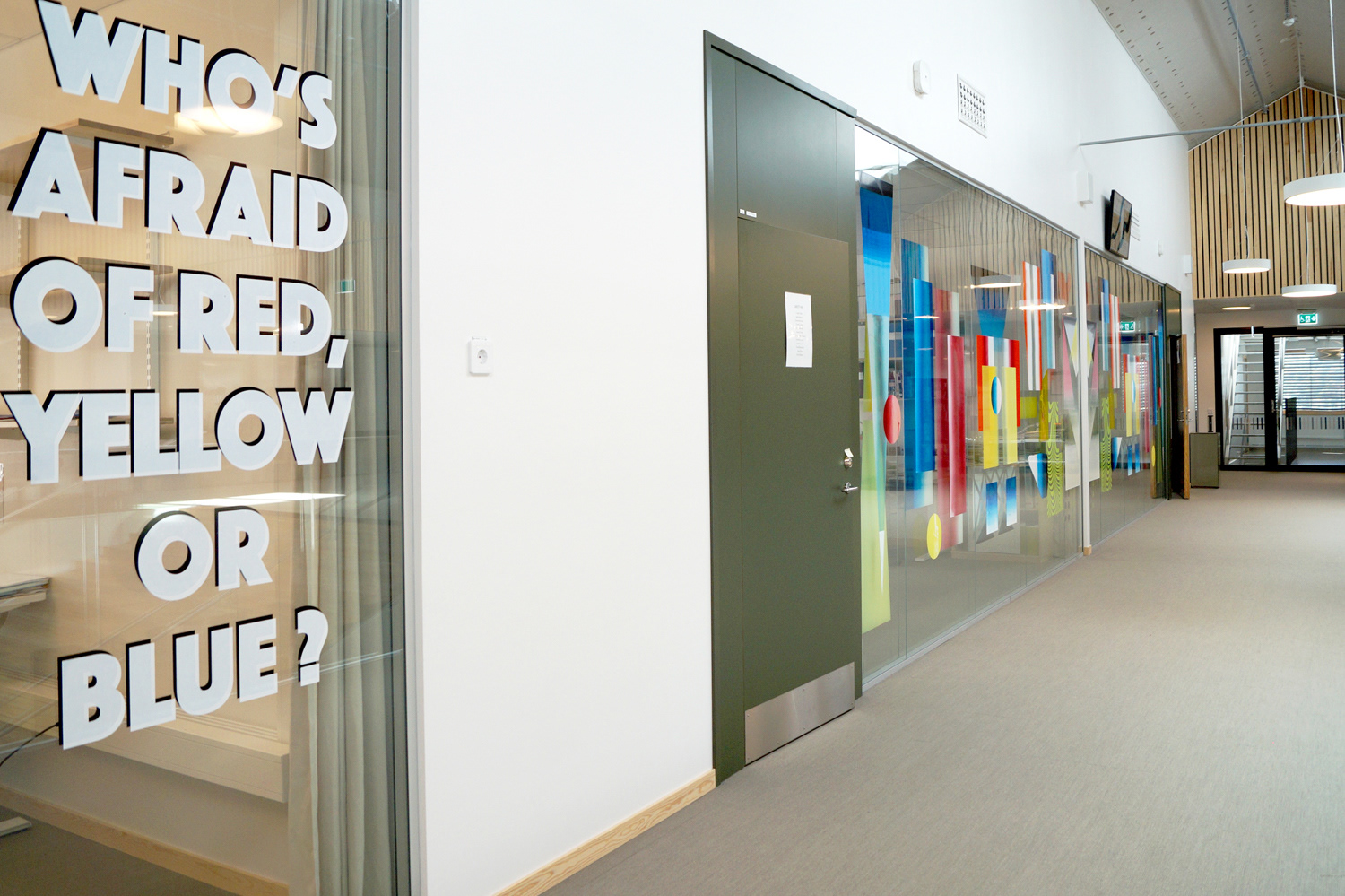 Who's afraid of red, yellow or blue ?, public art, screen-print on glass, 1500 x 270 cm, 2019, Adolfsbergsskolan, Knivsta, Sweden