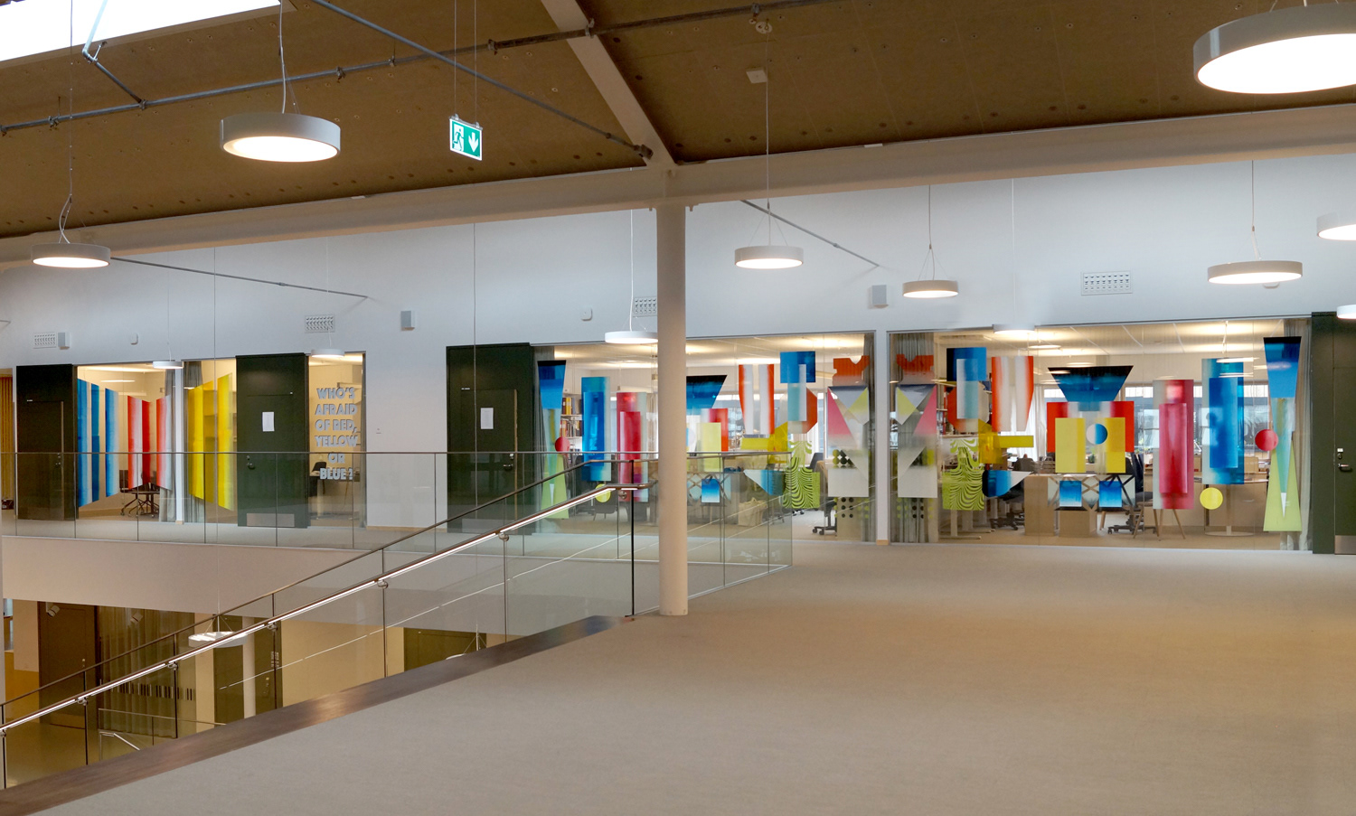 Who's afraid of red, yellow or blue ?, public art, screen-print on glass, 1500 x 270 cm, 2019, Adolfsbergsskolan, Knivsta, Sweden