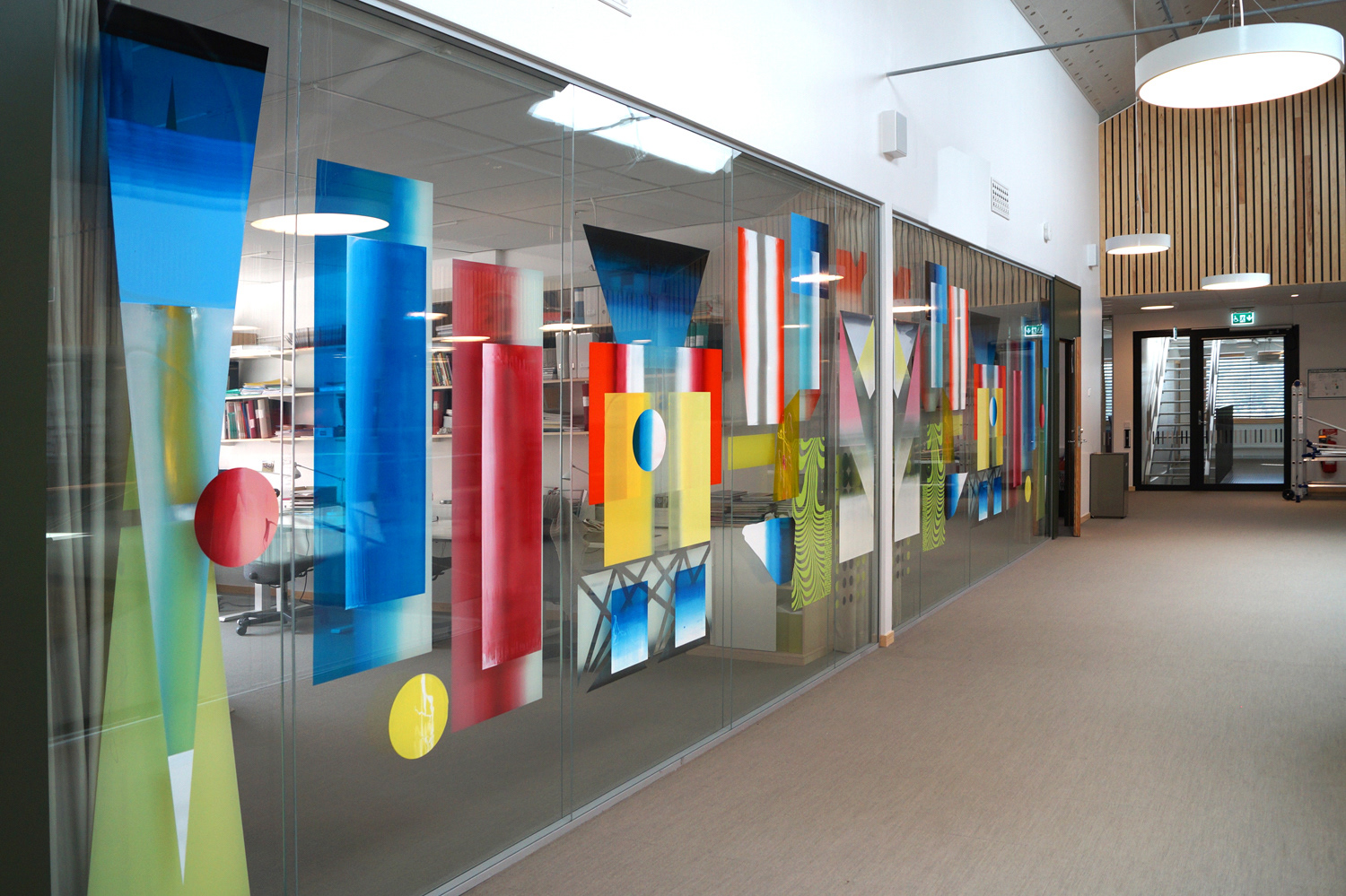 Who's afraid of red, yellow or blue ?, public art, screen-print on glass, 1500 x 270 cm, 2019, Adolfsbergsskolan, Knivsta, Sweden