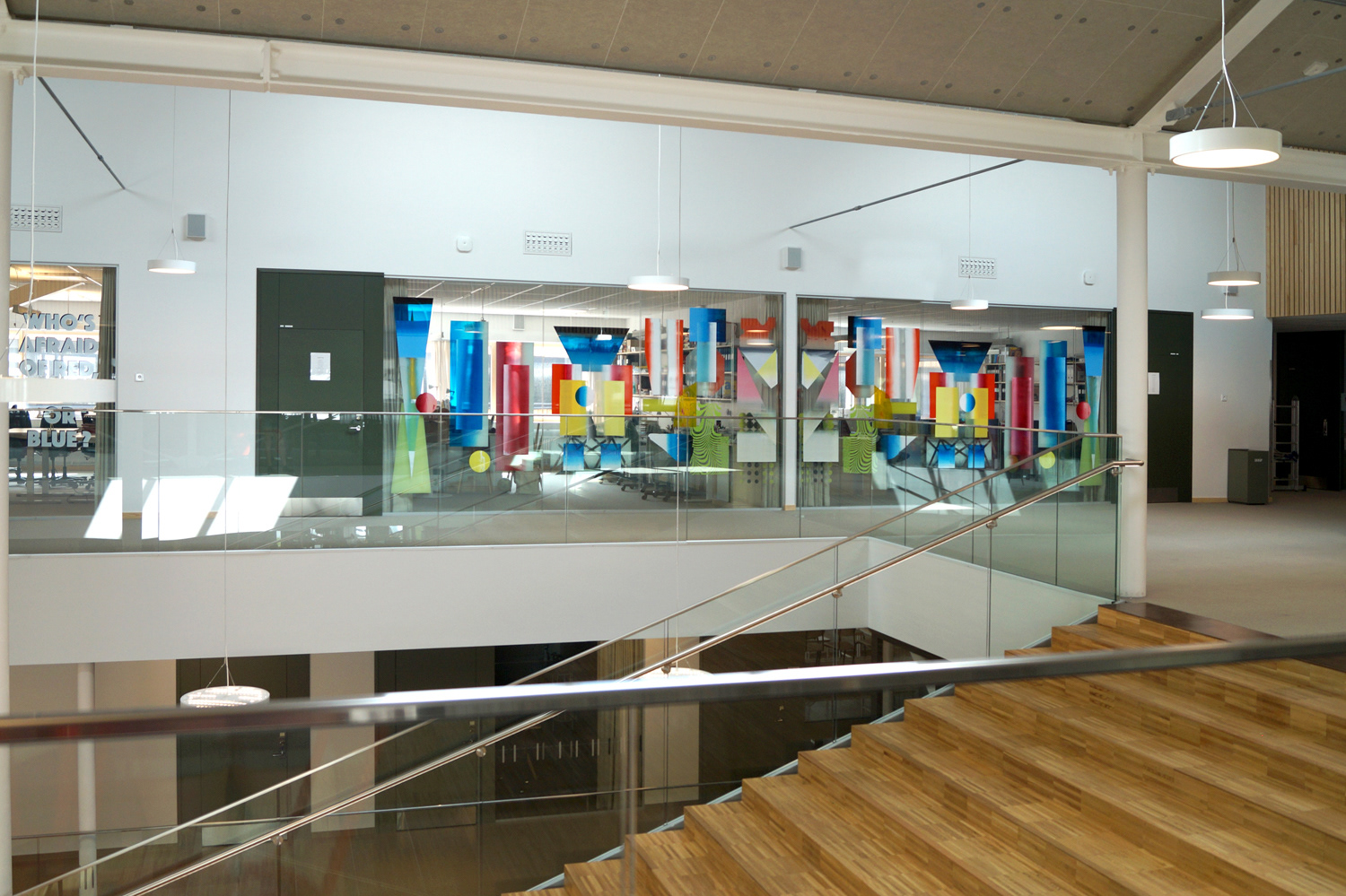 Who's afraid of red, yellow or blue ?, public art, screen-print on glass, 1500 x 270 cm, 2019, Adolfsbergsskolan, Knivsta, Sweden