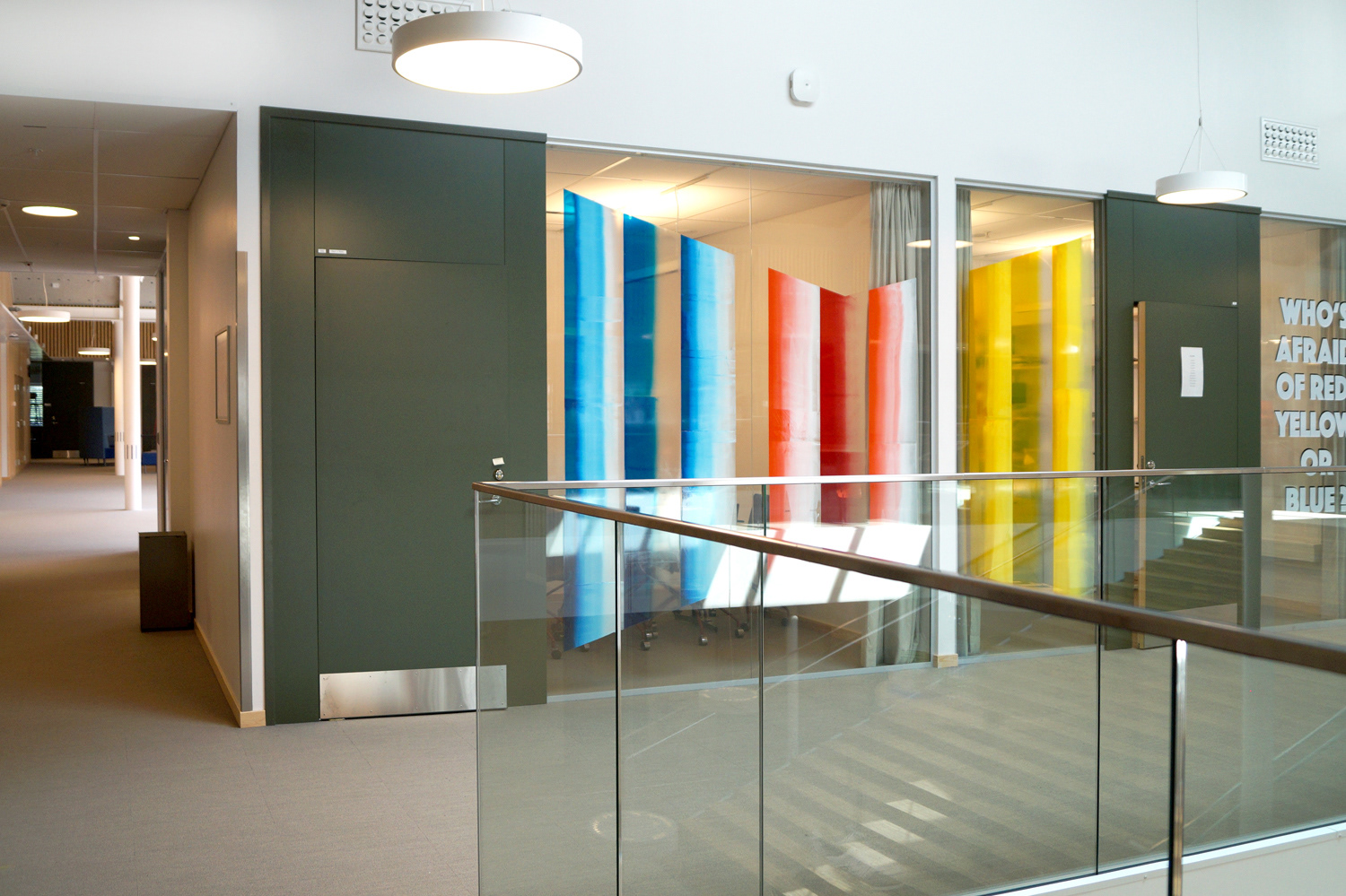 Who's afraid of red, yellow or blue ?, public art, screen-print on glass, 1500 x 270 cm, 2019, Adolfsbergsskolan, Knivsta, Sweden