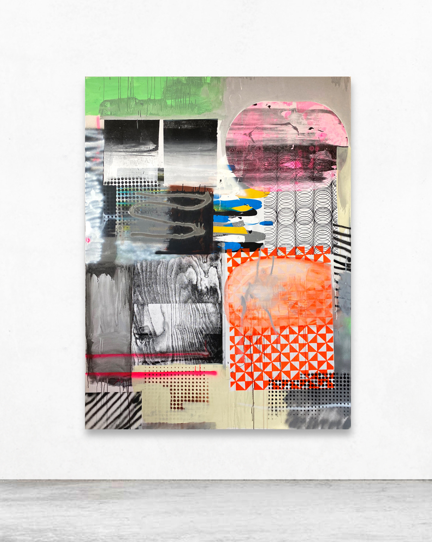 blank card 12-d'abord j'ai trébuché dans un congélateur, screen-print and mixed media on canvas, 200 x 150 cm, 2020