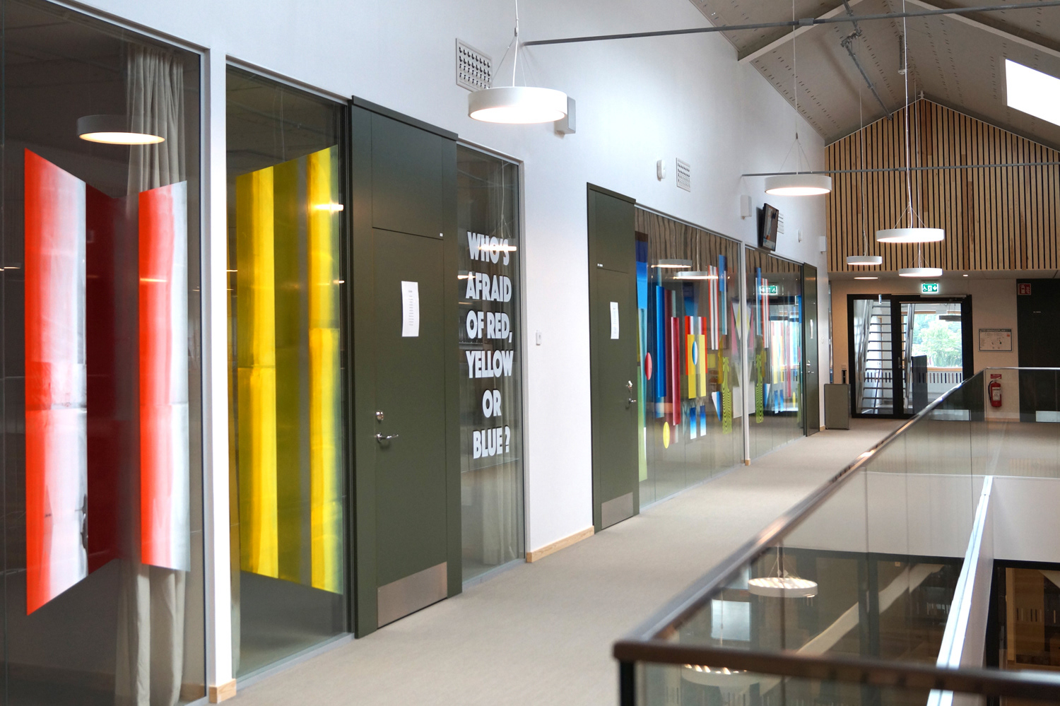 Who's afraid of red, yellow or blue ?, public art, screen-print on glass, 1500 x 270 cm, 2019, Adolfsbergsskolan, Knivsta, Sweden