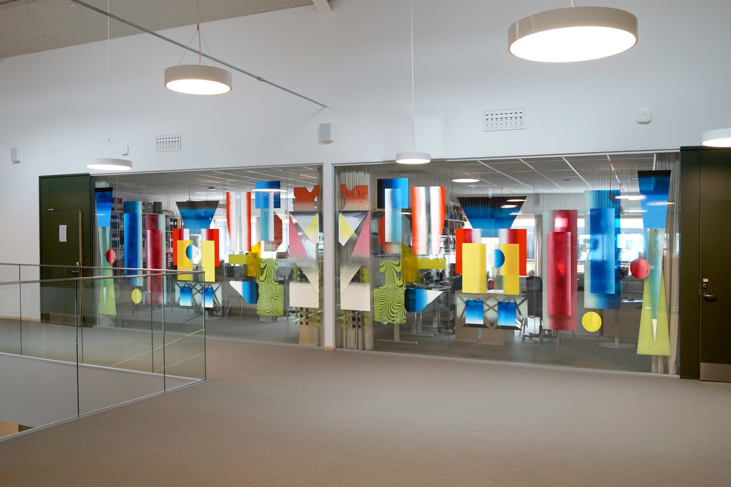 Who's afraid of red, yellow or blue ?, public art, screen-print on glass, 1500 x 270 cm, 2019, Adolfsbergsskolan, Knivsta, Sweden